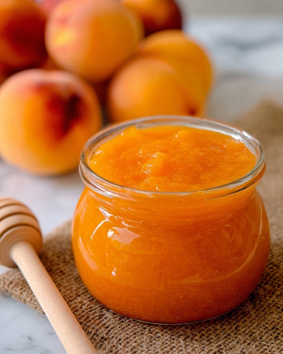 A clear glass jar filled with bright orange peach jam that has a smooth, slightly textured surface, sitting on a piece of brown burlap fabric over a white marbled surface. Behind the jar, several whole ripe peaches are blurred out, showing their soft orange skin with red blushes. Next to the jar, there is a light wooden honey dipper resting on the surface. The whole scene is softly lit, with a fresh and natural look. photo taken with an iphone --ar 4:5 --v 7