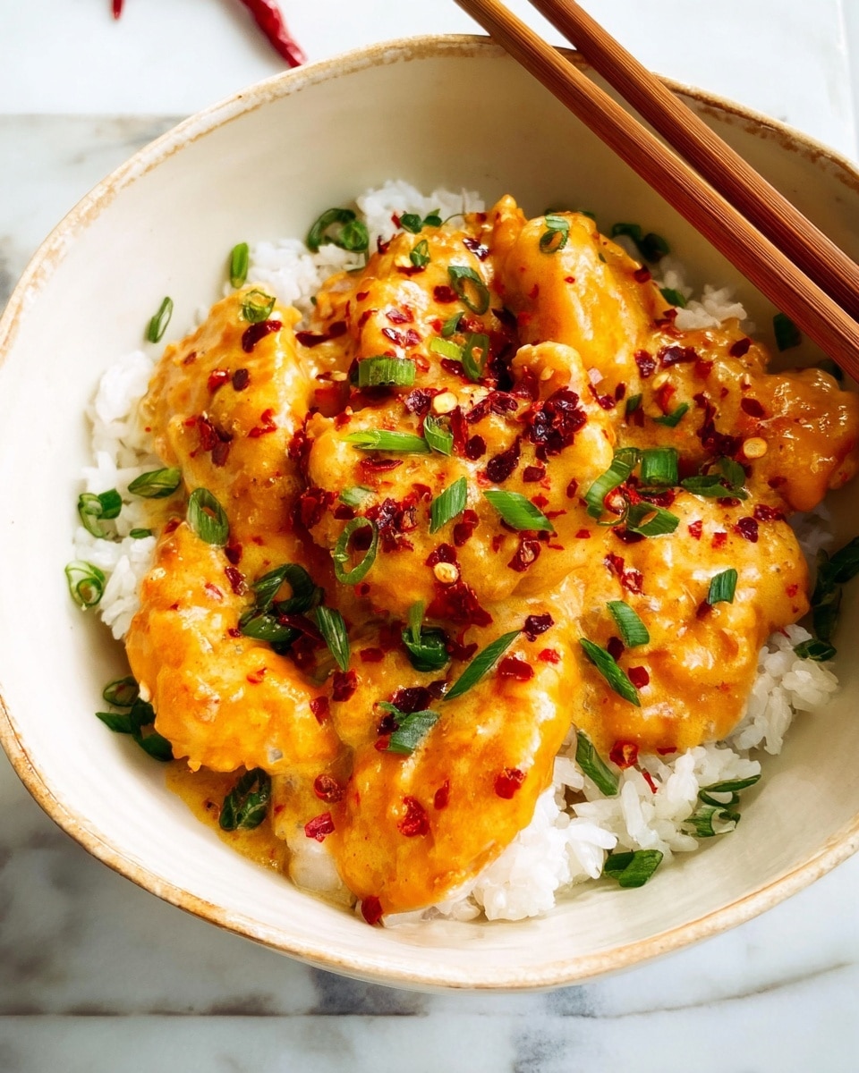 A bowl with white rice forming the base layer, topped with several pieces of orange-colored chicken coated in a creamy sauce. The sauce is smooth and slightly thick, with visible red chili flakes scattered across. Finely chopped green onions are sprinkled on top, adding bright green accents. Wooden chopsticks rest on the edge of the bowl, which is placed on a white marbled surface. photo taken with an iphone --ar 4:5 --v 7