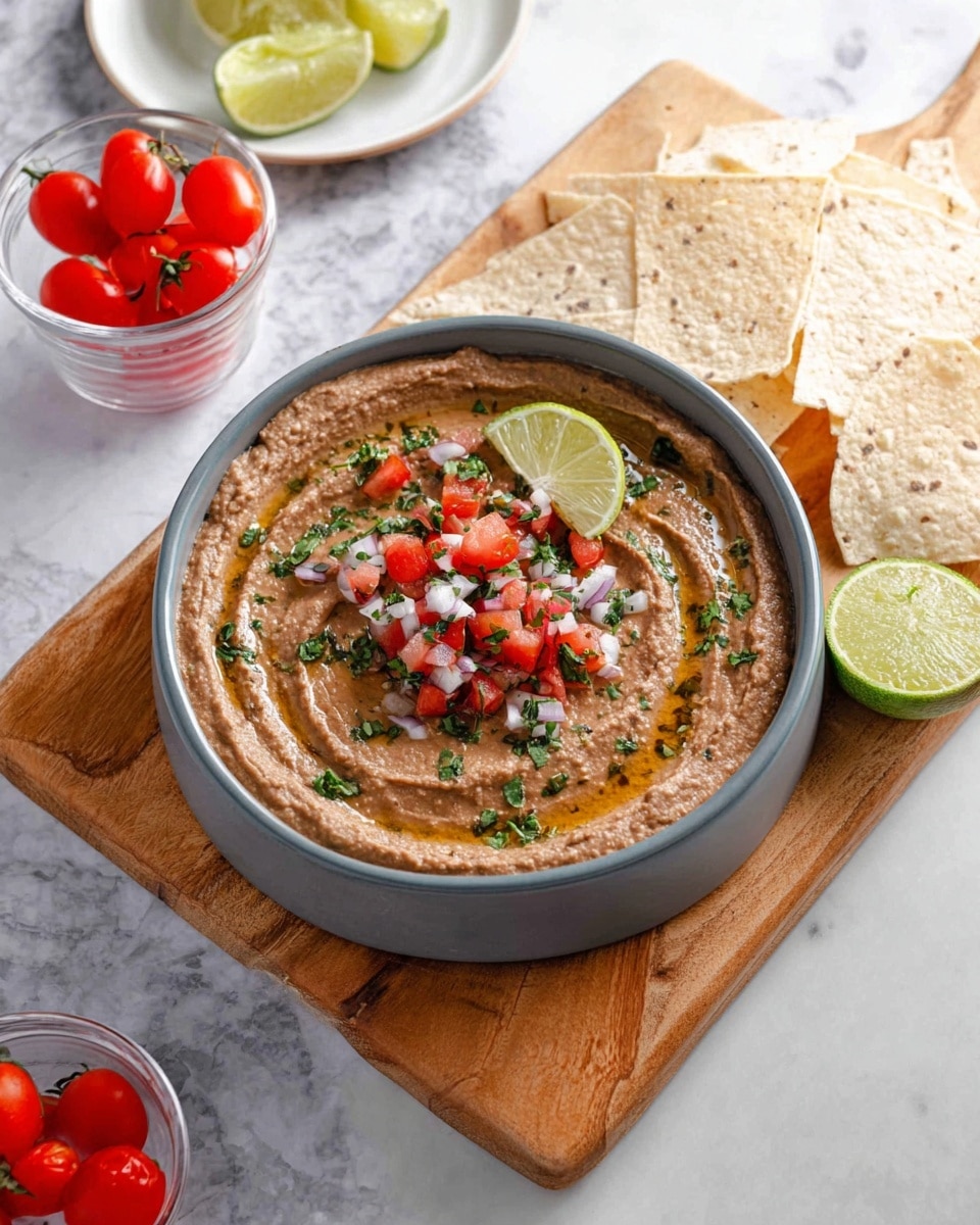 A gray bowl filled with brown refried beans topped with a swirl of olive oil, small chopped red tomatoes, white onion pieces, green herbs, and a lime wedge resting on the side of the beans. The bowl is placed on a wooden cutting board with some white tortilla chips arranged on the board next to the bowl. There is a white marbled surface underneath with a small clear bowl of red cherry tomatoes on the vine and a white plate with lime slices in the background. Photo taken with an iphone --ar 4:5 --v 7