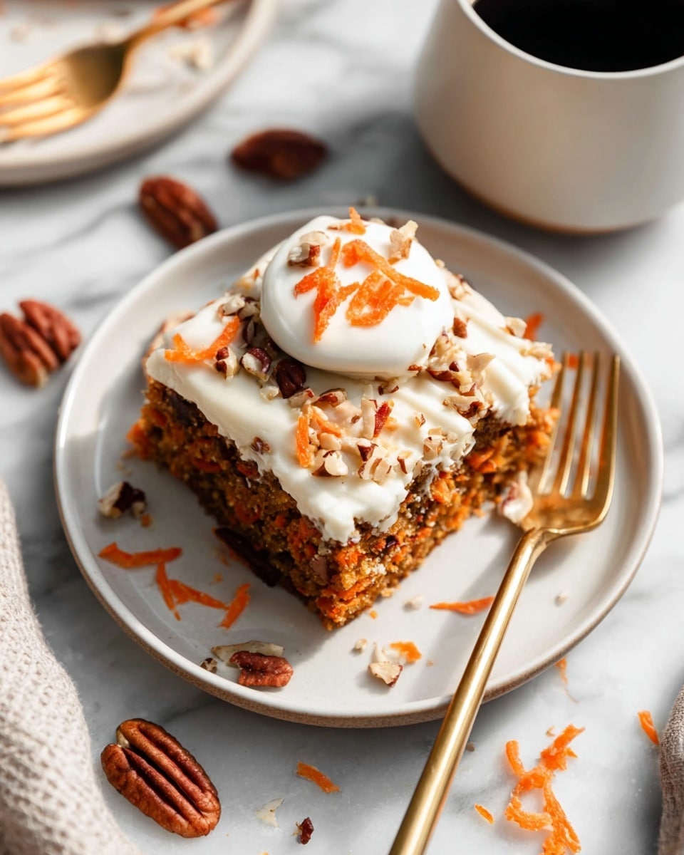 A square slice of carrot cake bar sits on a white plate, showing three layers: a bottom dense layer with shredded carrots and nuts, a middle light layer with creamy white icing drizzled unevenly, and a top layer topped with a round dollop of white cream, shredded carrots, and pecan pieces scattered around; the plate is placed on a white marbled surface with some loose pecans and carrot shreds visible, beside a gold fork on the left and a partial view of a white cup of black coffee on the top right, soft natural light highlights the textures and colors photo taken with an iphone --ar 4:5 --v 7