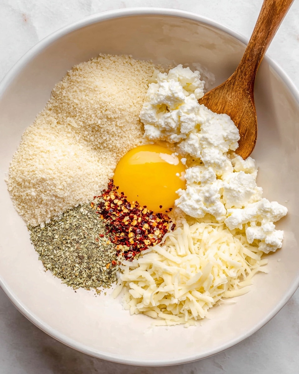 Inside a large white bowl, there are seven visible ingredients placed beside each other without mixing. Starting from the top right, there is a bright yellow raw egg yolk with clear, shiny egg white around it. Next to it on the right edge is white, lumpy cottage cheese with a soft texture, partly under and beside the yolk. Below the cottage cheese is a small wooden spoon touching the bowl. Below the spoon is a layer of mixed dry herbs and red chili flakes, creating a green and red speckled patch. To the left of the herbs is a mound of pale beige breadcrumbs with a fine texture. Above the breadcrumbs is a pile of minced garlic with a light off-white color. Next to the garlic and at the left edge of the bowl is a heap of shredded mozzarella cheese that is white with a light yellow tint. The bowl sits on a white marbled surface. photo taken with an iphone --ar 4:5 --v 7