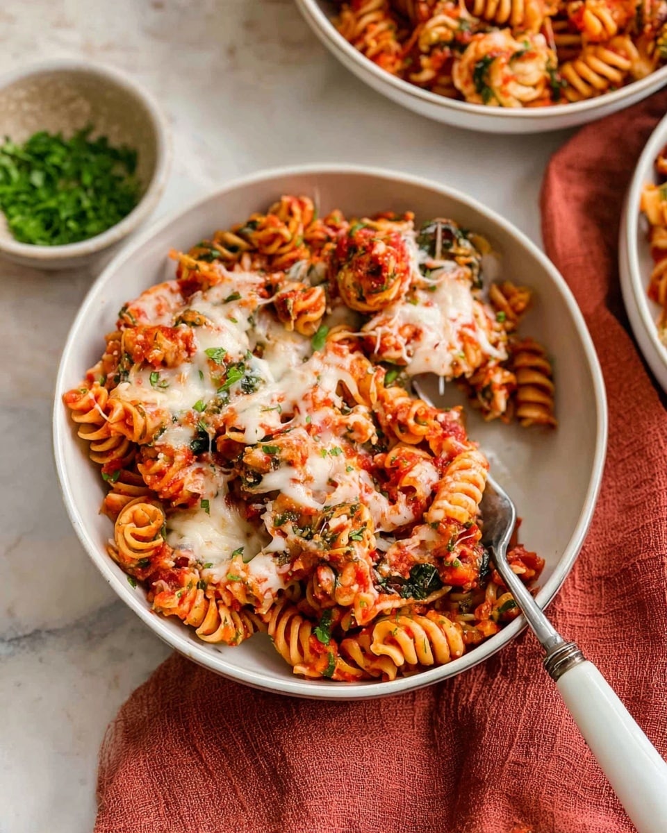 A white bowl filled with three layers of rotini pasta coated in red tomato sauce mixed with green spinach bits and topped with melted white cheese scattered unevenly. The pasta has a textured orange-red color with visible sauce and herbs between and on top of the spiral shapes. There is a fork with a white handle resting inside the bowl on the right side. The bowl is placed on a white marbled surface with a rust-colored cloth underneath. In the background, there is a second similar bowl filled with the same pasta and a small white bowl with chopped green herbs. photo taken with an iphone --ar 4:5 --v 7