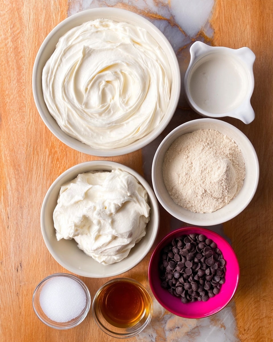The image shows six bowls arranged closely on a wooden surface. The top left bowl is white and filled with thick white cream, looking smooth and swirled. Next to it on the right is a small white bowl with two handles, containing a beige powdery substance. Below the large cream bowl is another white bowl filled with a fluffy white cream that looks soft and light. To the bottom right is a small bright pink bowl full of small dark brown chocolate chips. Near the bottom left is a small clear bowl with a brown liquid inside and to the far left is a small clear bowl filled with white granulated sugar. The background has a white marbled texture. Photo taken with an iphone --ar 4:5 --v 7