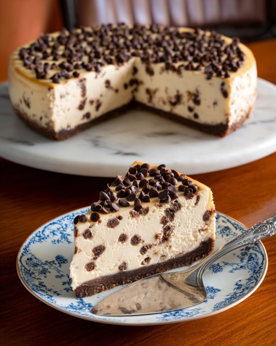 A thick slice of creamy light beige cheesecake sits on a small white plate with blue floral patterns, placed in the front. The cheesecake has a dark brown crust at the bottom, followed by a dense, smooth middle layer filled with tiny chocolate chips dispersed inside. The top layer is slightly lighter and covered with a generous amount of small dark chocolate chips scattered evenly across the surface. In the background, the full cheesecake with one slice missing reveals the even layers and many chocolate chips. The setting has a warm wooden table surface with a white marbled texture underneath, and a woman's hand is holding the slice with a silver cake server. photo taken with an iphone --ar 4:5 --v 7