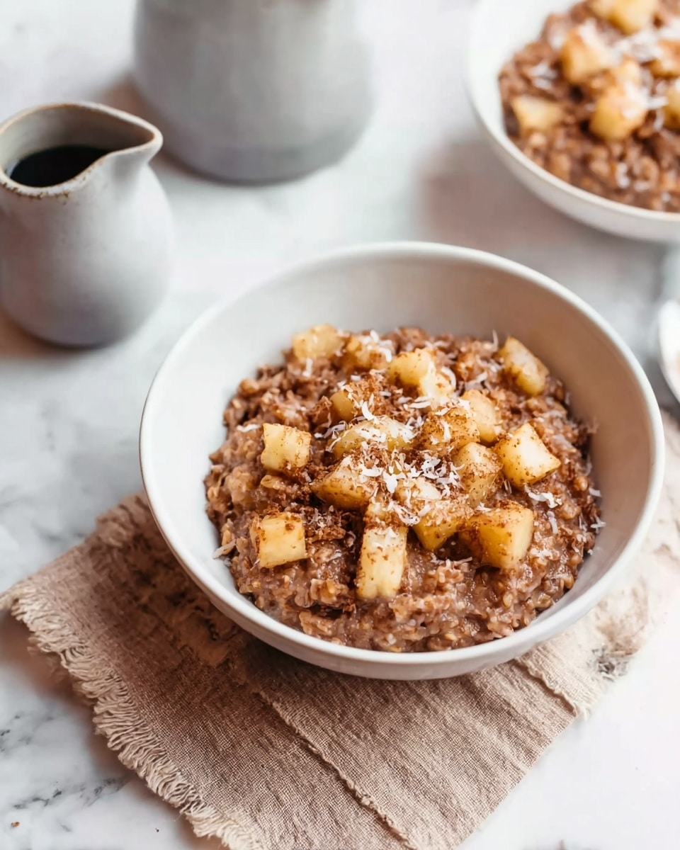 A white bowl filled with a thick, brown oatmeal-like dish with a rough texture, topped with small, light golden brown cubes of cooked fruit that look soft and slightly spiced, sprinkled with white shredded flakes. The bowl sits on a light brown woven cloth, placed on a white marbled surface. Near the bowl is a small grey ceramic pitcher and another white bowl with a similar dish in the background, all under soft natural light. photo taken with an iphone --ar 4:5 --v 7