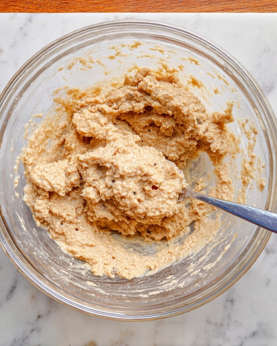 A clear glass bowl holds a thick, lumpy dough mixture that is light brown with small darker spots throughout. The dough texture looks soft and sticky, and a metal spoon is partially submerged in the mixture near the center. The bowl sits on a white marbled surface with a smooth texture. The photo is bright and clear, showing the dough's thickness and uneven consistency. photo taken with an iphone --ar 4:5 --v 7
