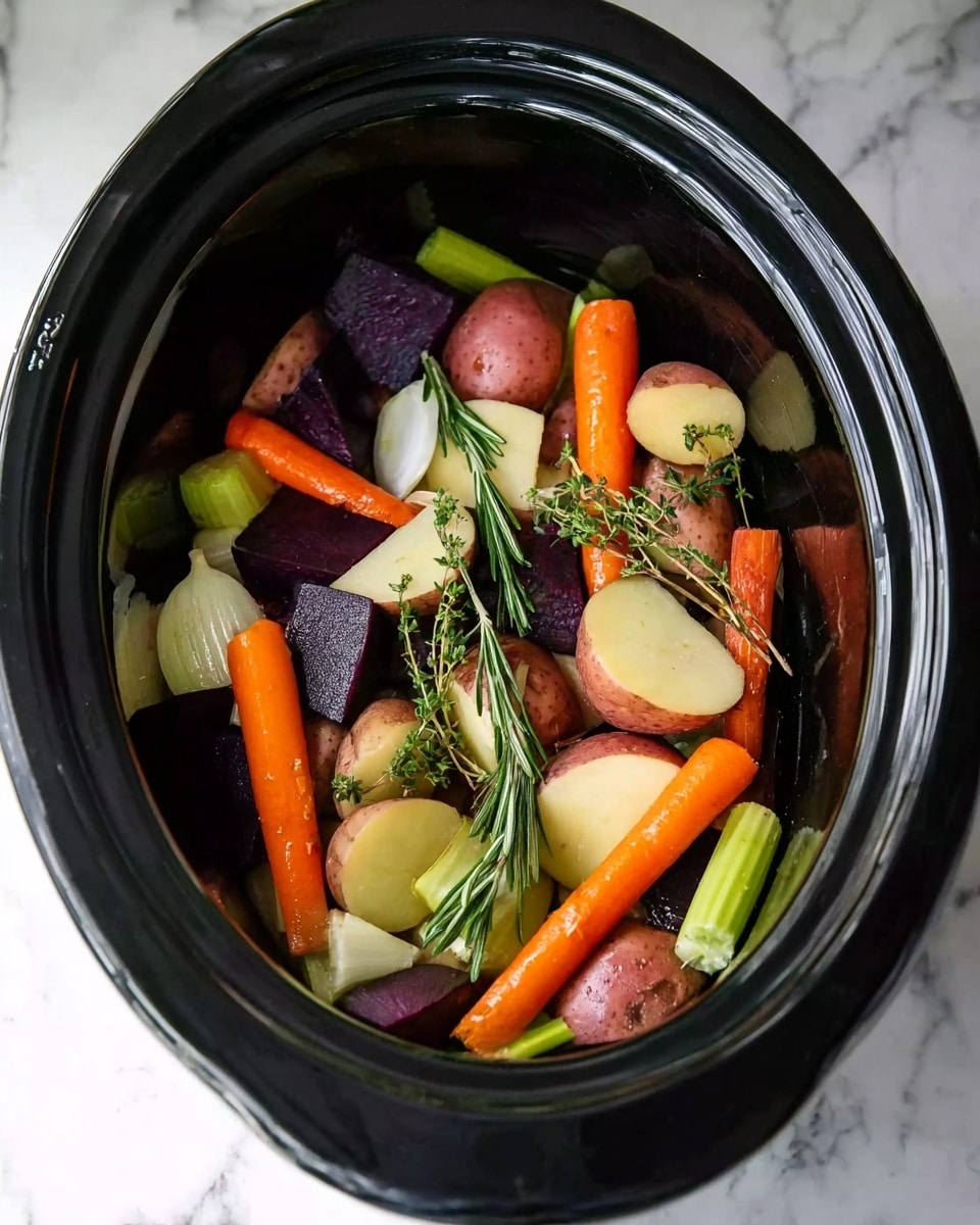 Inside a black slow cooker filled with colorful vegetables, there are thick carrot sticks, small round potatoes in red and purple shades, celery sticks, and chunks of onion. Sprigs of fresh green herbs like rosemary and thyme are scattered on top, adding texture and brightness. The slow cooker is on a white marbled surface that contrasts with the vivid colors inside. The vegetables look fresh and ready to be cooked. photo taken with an iphone --ar 4:5 --v 7