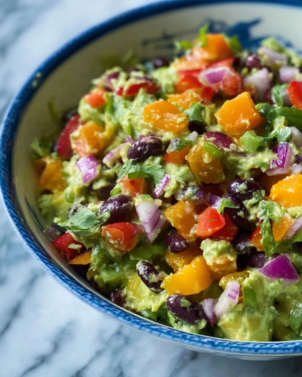 The image shows a close-up of a mixed salad in a white bowl with a blue pattern on the edge, placed on a white marbled surface. The salad has three main visible layers: the base is a mashed green avocado, soft and creamy in texture; on top of this are chunks of bright orange bell peppers and small cubes of red onions, both crunchy; scattered throughout are shiny, dark purple-black beans adding contrast and depth. Bright green small pieces of fresh herbs are mixed in, adding a fresh touch. Photo taken with an iphone --ar 4:5 --v 7