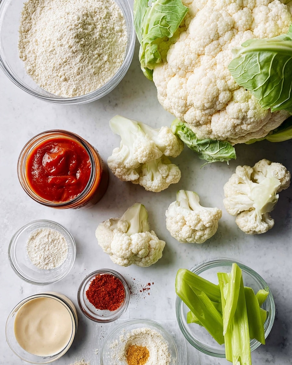The image shows a mix of cooking ingredients on a white marbled surface. On the right, a large fresh cauliflower head with white florets and green leaves sits near the middle. Several cauliflower florets, white and textured, are scattered nearby. To the left, a clear glass bowl holds light beige flour with a powdery texture. Below it, a jar of bright red sauce with a smooth surface stands open. A small bowl with creamy, light beige dipping sauce that looks thick and smooth is placed below the cauliflower pieces. Small bowls filled with white powder, reddish spices, and light yellow powder are also visible around the area. To the right, a small clear cup holds fresh green celery sticks with leafy tops. The overall scene is neat and bright. photo taken with an iphone --ar 4:5 --v 7