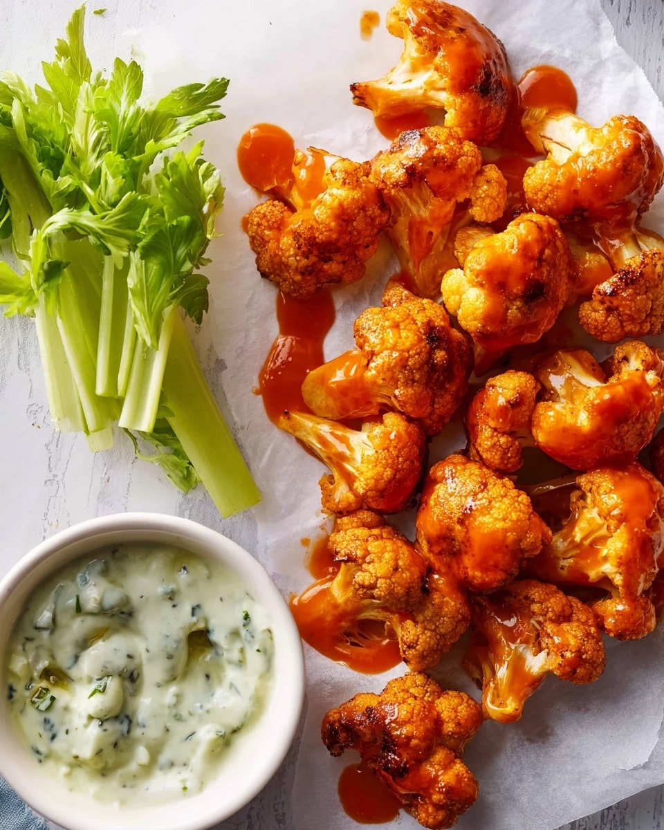 The image shows a group of golden brown cauliflower pieces coated with bright orange-red sauce, placed on white parchment paper over a white marbled surface. The cauliflower has a slightly crispy texture with some darker spots from roasting. To the bottom left, there is a white bowl filled with creamy, light green dip with dark specks, garnished with fresh, bright green celery leaves sticking out. Next to the bowl, several fresh celery sticks lie on the white marbled surface. The sauce glistens and drips slightly around the cauliflower, adding vibrant color contrast. photo taken with an iphone --ar 4:5 --v 7