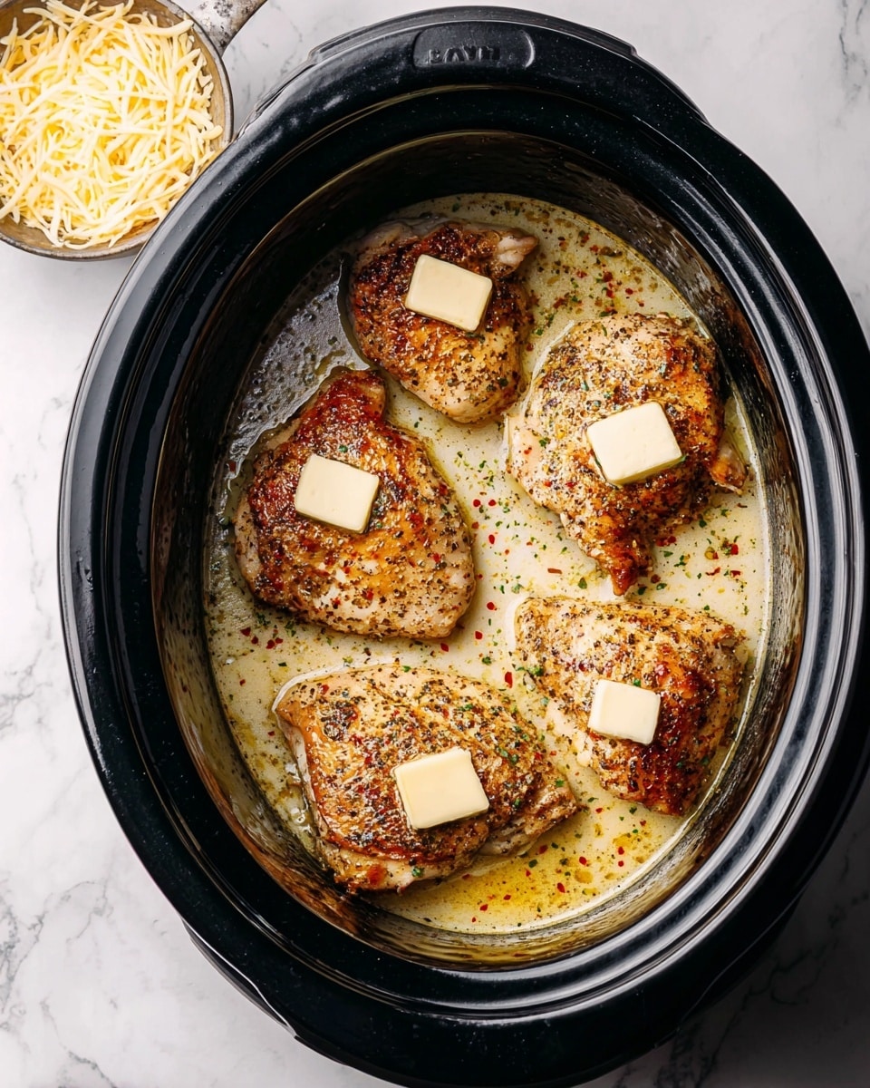 The image shows a black slow cooker with four cooked seasoned chicken pieces inside, each topped with a small square of melting butter. The chicken pieces are golden brown with visible black pepper and spices, resting in a light, creamy sauce with green and red seasoning bits around the edges. To the left of the cooker, there is a small silver bowl with shredded cheese, placed on a white marbled surface. The photo is taken from above, showing the smooth round edges of the slow cooker and the clean white marbled texture beneath it photo taken with an iphone --ar 4:5 --v 7