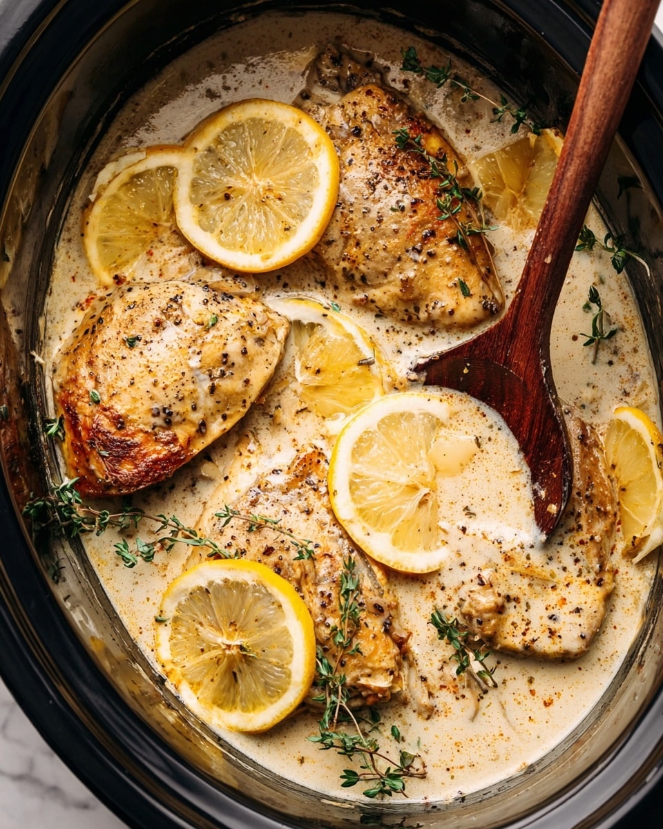 The image shows a close-up of a slow cooker filled with several seasoned chicken pieces, each covered in a light cream sauce with specks of black pepper and herbs. There are thin, round lemon slices scattered on top of and between the chicken, adding a yellow color contrast. Fresh green thyme sprigs are placed around the chicken, giving a fresh touch. A wooden spoon with a dark grain rests inside the slow cooker, partly submerged in the sauce. The background surface is a white marbled texture. photo taken with an iphone --ar 4:5 --v 7