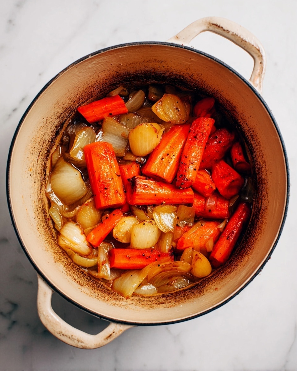 A round, beige pot filled with cooked vegetables sits on a white marbled surface. Inside, the dish has two main layers: the bottom layer includes large, translucent chunks of onion and light brown pieces of another vegetable, while the top layer is made up of bright orange, thick carrot slices. Both layers have a glossy texture, showing they are cooked and slightly browned. The pot has handles on either side and shows some browning marks inside from cooking. Photo taken with an iphone --ar 4:5 --v 7