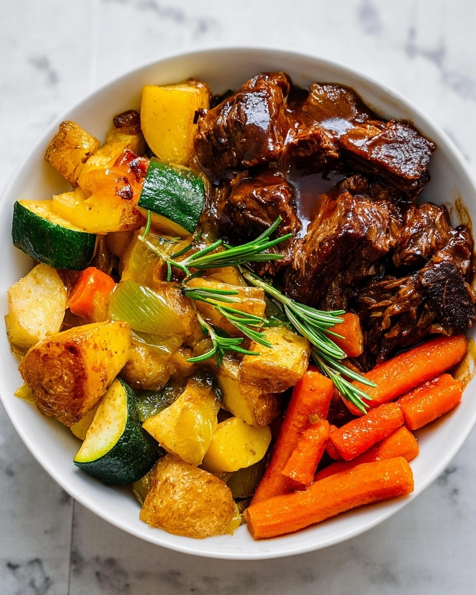 A white bowl filled with a colorful arrangement of food sits on a white marbled surface. On one side there are golden roasted potato chunks with crispy brown edges, mixed with pieces of green and pale yellow zucchini, all showing a roasted texture. Next to them are tender, saucy chunks of dark brown meat with a glossy gravy coating, slightly steaming. On the other side are soft, bright orange carrot sticks alongside some caramelized pieces of celery. Fresh green rosemary sprigs lay on top near the meat, adding a touch of fresh color. The colors are warm and inviting with a mix of brown, orange, yellow, green, and shiny textures from roasting and sauce, photo taken with an iphone --ar 4:5 --v 7