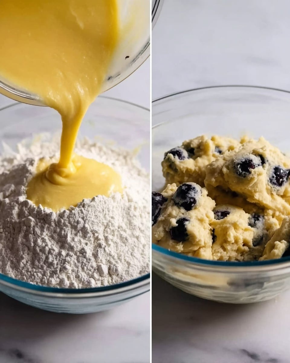 The image shows two glass bowls on a white marbled surface. In the left bowl, a thick yellow batter is being poured into a mound of white flour, creating a contrast between the smooth yellow liquid and the powdery white flour. The right bowl contains a chunky dough mixed with dark blueberries, with a textured and uneven surface that shows the mix of soft dough and plump, dark blue fruit scattered throughout. photo taken with an iphone --ar 4:5 --v 7