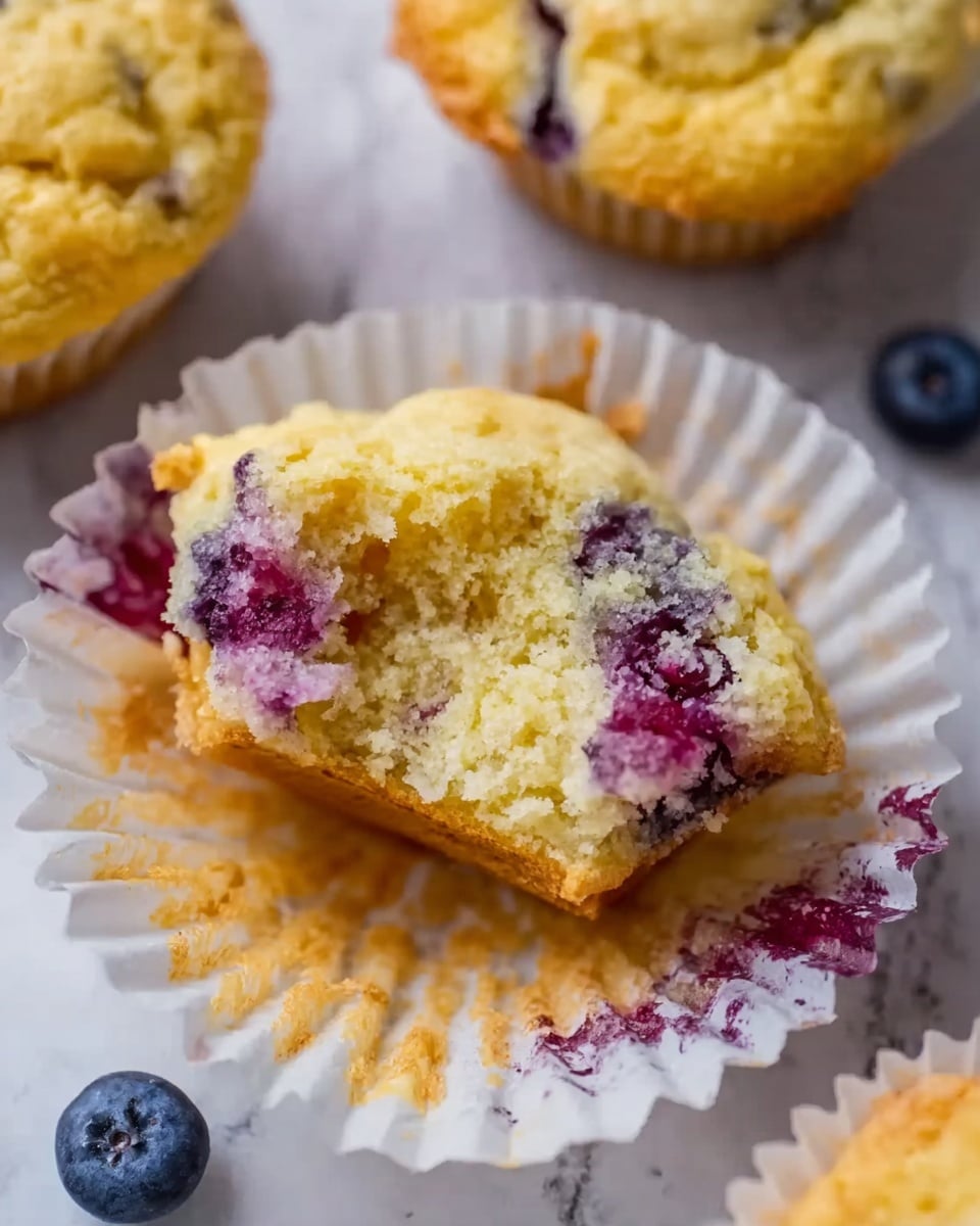 The image shows a close-up of a partially eaten yellow muffin with visible purple and red berries inside. The muffin is nestled in a white paper liner with crinkled edges, placed on a white marbled surface. Around the main muffin, there are a few whole blueberries scattered, adding a touch of deep blue color to the scene. The texture of the muffin looks soft and moist with noticeable crumb detail. Photo taken with an iphone --ar 4:5 --v 7