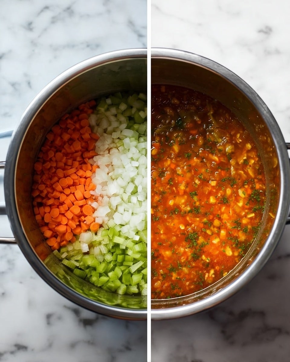 The first image shows a round silver pot filled with three layers of finely chopped vegetables arranged side by side: orange carrots on the left, white onions at the bottom, and green celery on the right, all sitting on a white marbled surface. The second image shows the same pot now containing a mixed, cooked soup with a thick broth that is reddish-orange in color with small chunks of vegetables visible throughout, all on the same white marbled surface. photo taken with an iphone --ar 4:5 --v 7