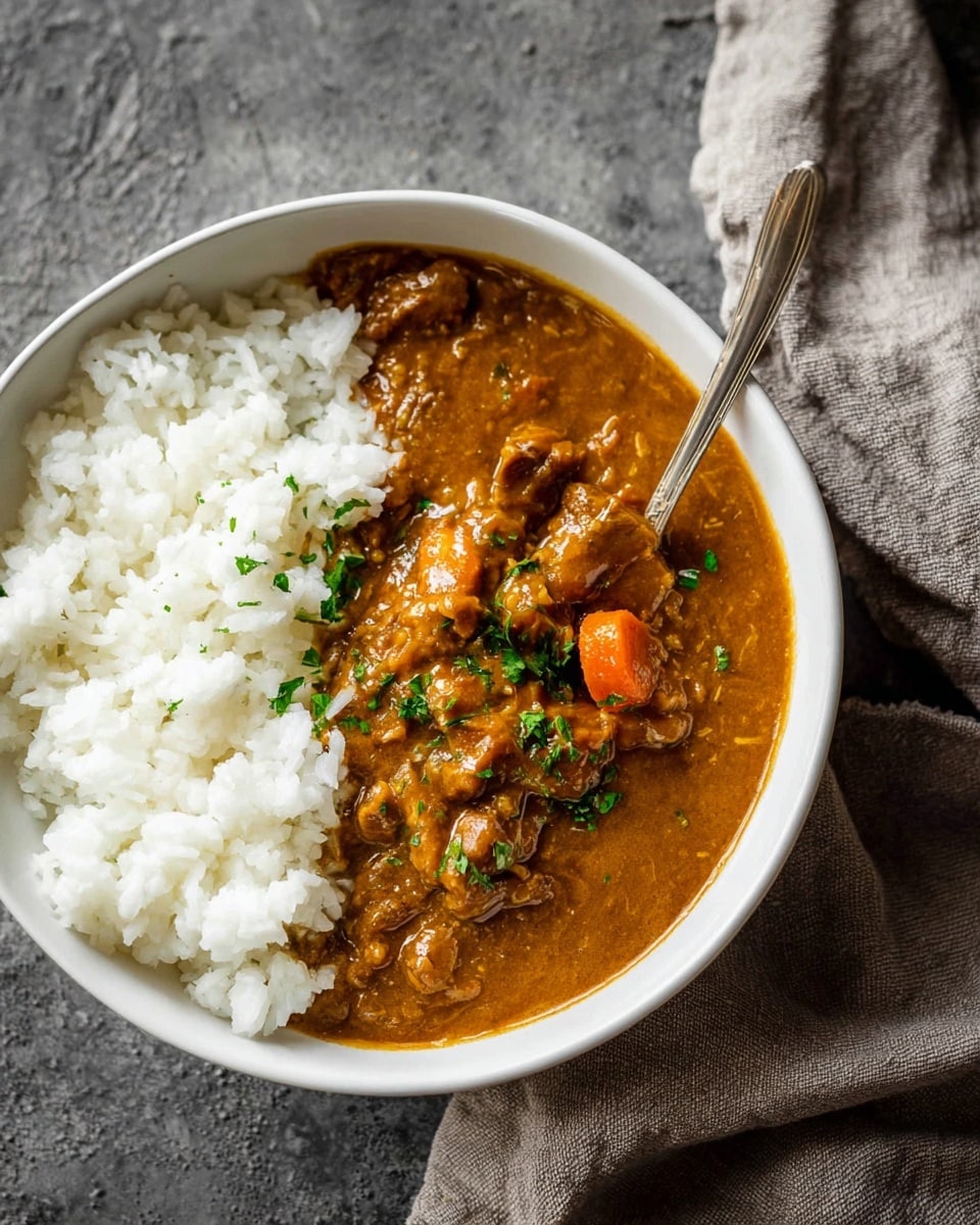 A white bowl holds two main layers of food, placed side by side. On the right half, there is a fluffy layer of white rice with a soft texture. On the left half, there is a thick, orange-brown curry sauce with chunks of tender meat and small pieces of carrot, all topped with bits of chopped green herbs. A silver spoon is partially dipped into the curry on the right side. The bowl rests on a rough, dark gray surface with a neutral-colored cloth nearby. Photo taken with an iphone --ar 4:5 --v 7
