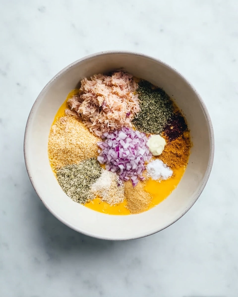 A white bowl placed on a white marbled surface contains several separate layers of ingredients for a recipe. Starting from the bottom left, there is a bright orange-yellow layer of beaten eggs. On top of this, there is a light pinkish pile of shredded tuna. To the right, a small mound of finely chopped red onions forms a purple layer. Surrounding the onions are various powdered spices and dry ingredients, including light beige breadcrumbs, white granulated sugar, dark brown and green herbs, and a small dollop of a creamy white paste near the top right. The ingredients are all unmixed, showing clear separation inside the bowl. photo taken with an iphone --ar 4:5 --v 7