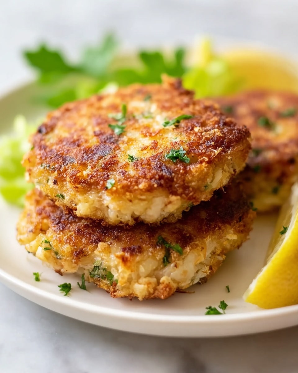 The image shows two golden-brown crispy crab cakes with a slightly rough texture and small bits of herbs mixed in, stacked on top of each other on a white plate. The front crab cake has small green parsley pieces sprinkled on top for color. To the side of the crab cakes, there are slices of lemon and some light green leafy garnish. The plate sits on a white marbled surface, giving a clean and fresh look. photo taken with an iphone --ar 4:5 --v 7