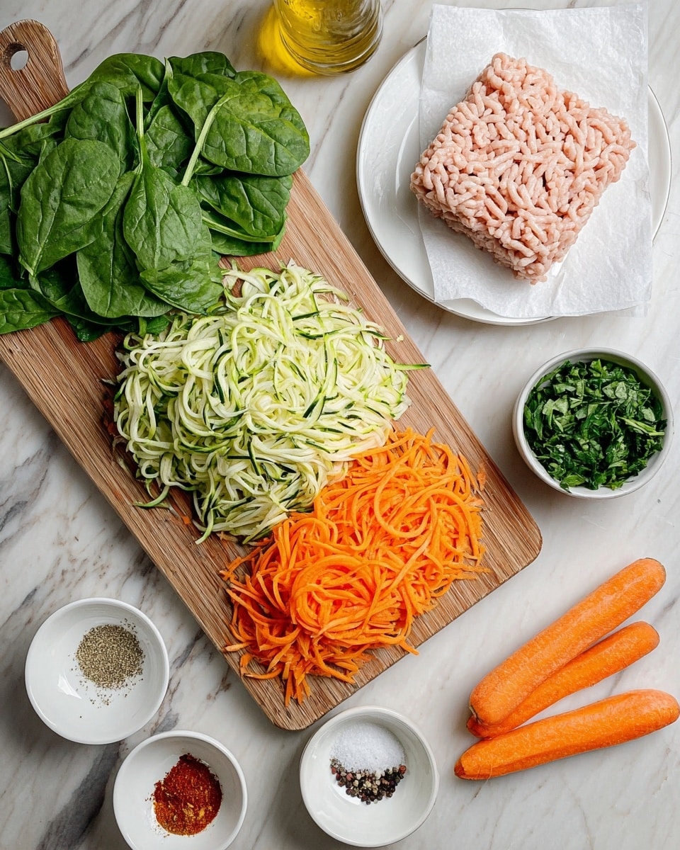 The image shows a cooking setup on a white marbled surface with a wooden board holding fresh green spinach leaves at the top left, chopped green spinach below, a pile of shredded light green zucchini in the middle, and bright orange shredded carrots at the bottom right, with two whole carrots resting near the board’s bottom edge. To the upper right, a white plate lined with white paper holds a block of raw ground light pink meat. Nearby are three white small bowls placed on the marble surface: one with mixed spices in four piles red, light beige, and green dried herbs, one with white salt, and one with black pepper. A clear glass bottle filled with golden oil is also near the top center. photo taken with an iphone --ar 4:5 --v 7
