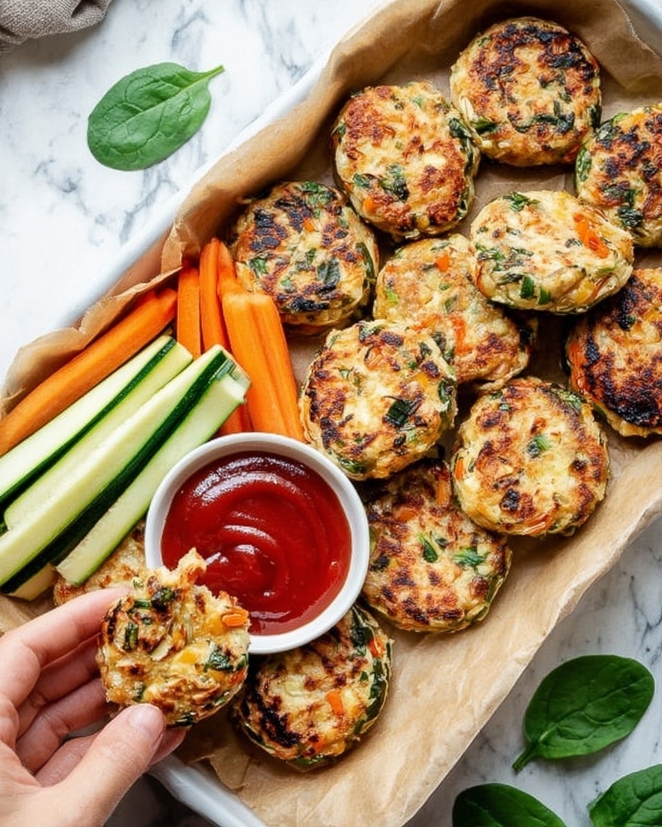 A white tray lined with brown parchment paper holds ten golden-brown grilled patties with green herbs and small bits of orange inside, arranged mostly on the right side and bottom. On the left side, there are fresh carrot sticks and green zucchini sticks standing upright next to the patties. In the center bottom, a small white bowl filled with red ketchup is partially covered by a woman's hand holding one of the patties dipped halfway into the ketchup. The scene is set on a white marbled surface with a few spinach leaves placed near the top right corner. photo taken with an iphone --ar 4:5 --v 7