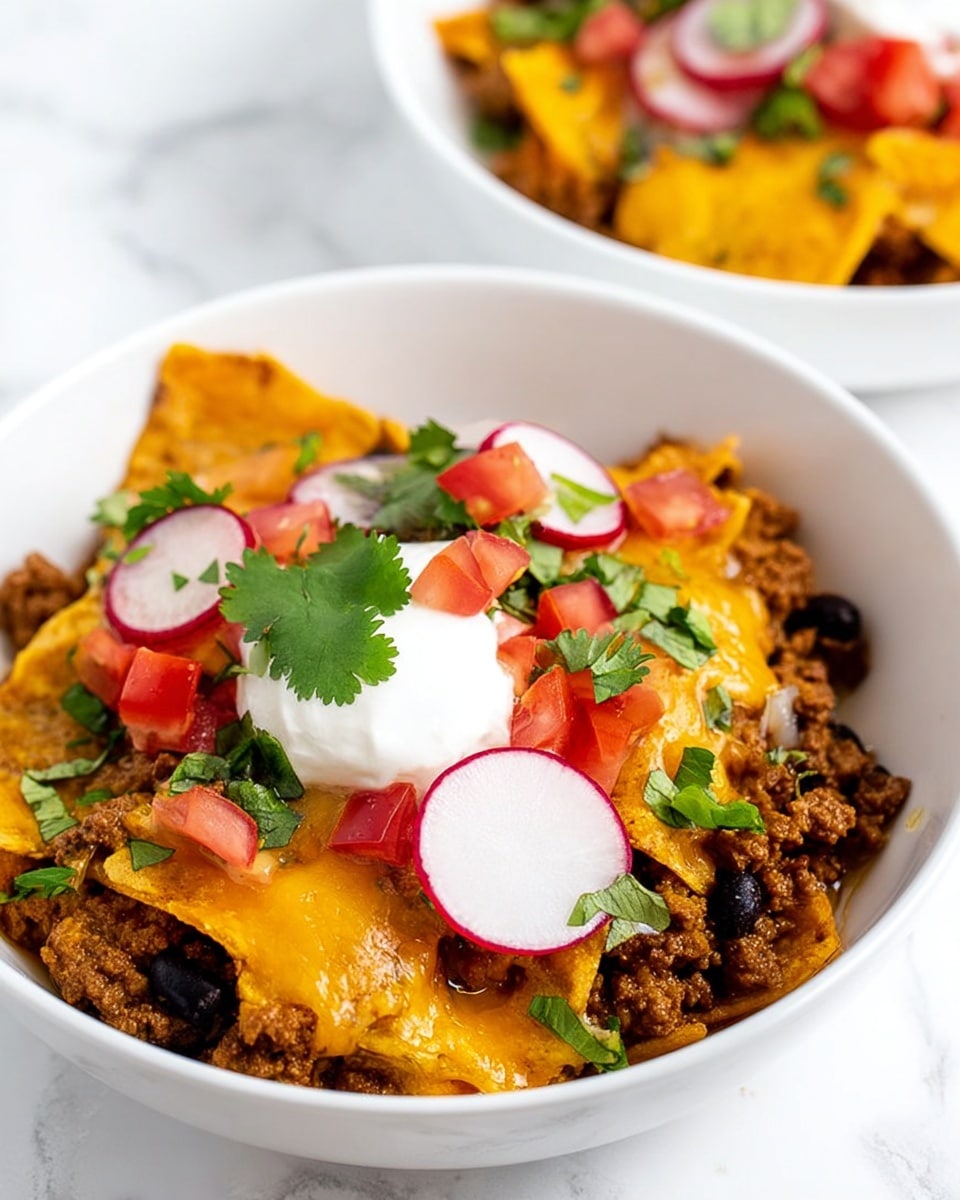 A white bowl with two layers of food is shown. The bottom layer consists of cooked ground meat mixed with black beans, diced onions, and small green pieces. On top of this is a thick layer of melted yellow cheese covering crispy corn chips or tostadas. The top layer features small diced red tomatoes, fresh green cilantro leaves, and three thin round slices of radish. A dollop of white sour cream with a small green cilantro leaf sits near the center. The bowl is set on a white marbled surface, and another similar bowl is partially visible in the background. photo taken with an iphone --ar 4:5 --v 7