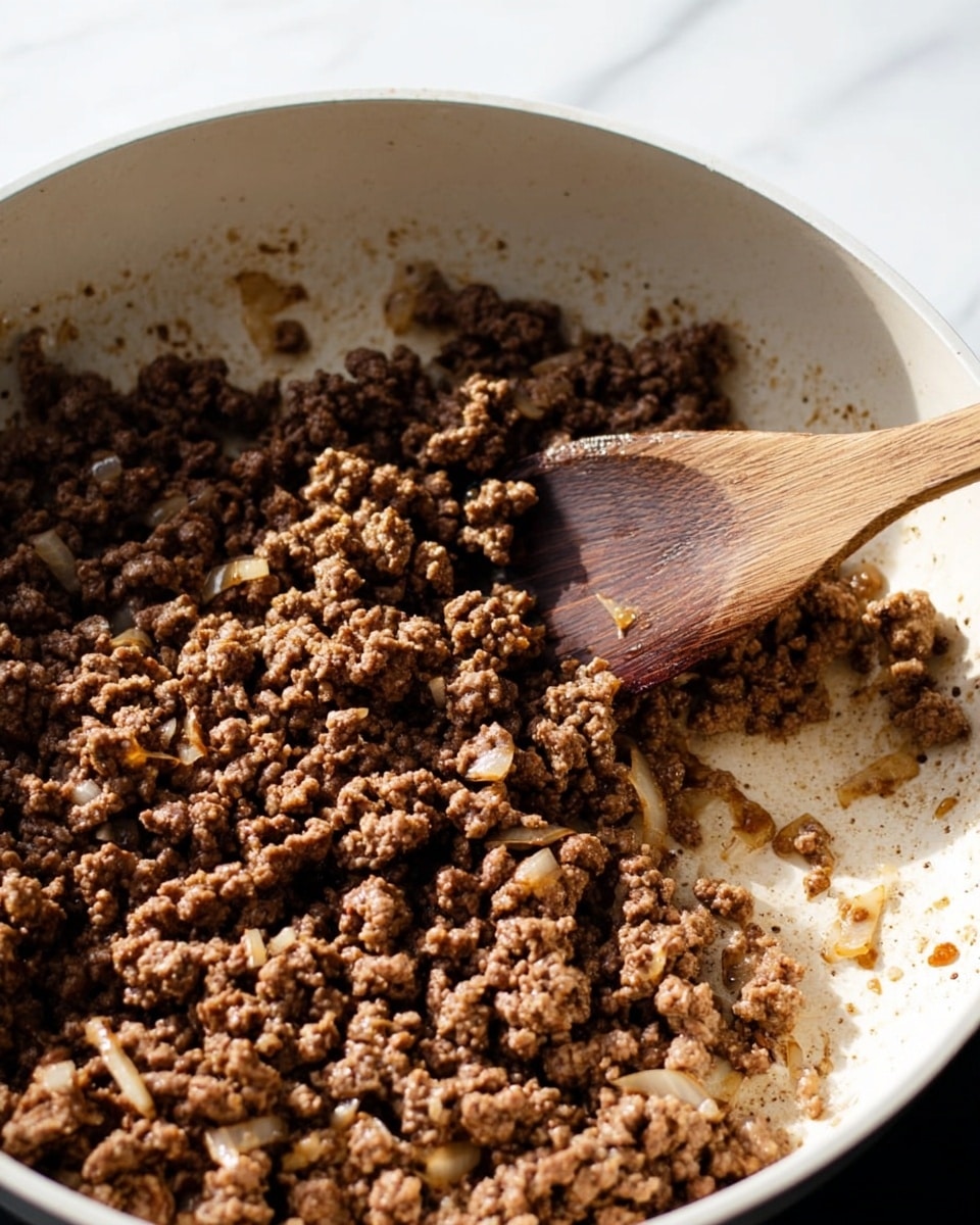 The image shows a close-up of cooked ground meat mixed with small pieces of onion in a white pan. The meat looks brown and crumbly with some parts slightly darker from cooking. A wooden spoon is resting in the pan, partially covered by the meat, showing a rich brown color with a smooth texture. The pan has a white inside with some browned bits stuck to the surface, and the background is a white marbled texture. Photo taken with an iphone --ar 4:5 --v 7