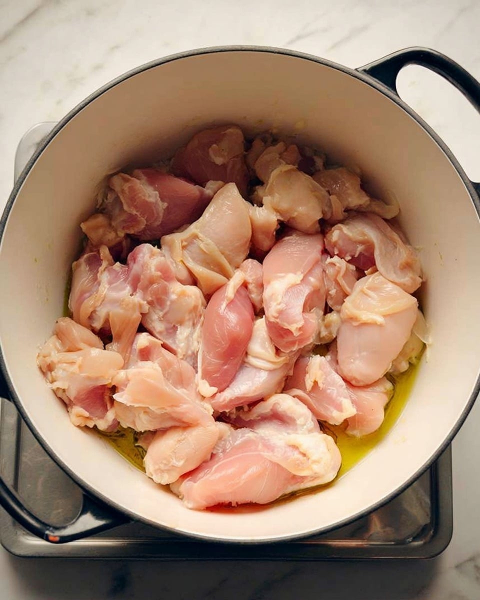 A white pot with black handles contains many pieces of raw light pink chicken with some pale yellow fat. The chicken pieces are spread out and slightly overlapping each other inside the pot. A small amount of clear yellow oil surrounds the chicken at the bottom of the pot. The pot sits on a silver stove with a white marbled surface in the background. photo taken with an iphone --ar 4:5 --v 7