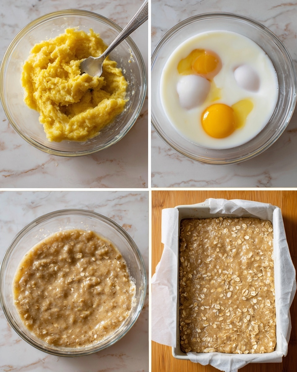 The image shows four stages of making a banana oat mixture in clear glass bowls and a white marbled surface. The first bowl has a mashed yellow banana mixture with a fork inside. The second bowl contains the same mashed banana mixture now with two raw eggs and a layer of white milk on top, with a fork resting inside. The third bowl shows the mixture combined with oats, creating a bubbly, thick texture. The fourth part shows the final thick oat and banana batter spread evenly in a rectangular white parchment-lined baking dish, placed on a wooden surface. photo taken with an iphone --ar 4:5 --v 7