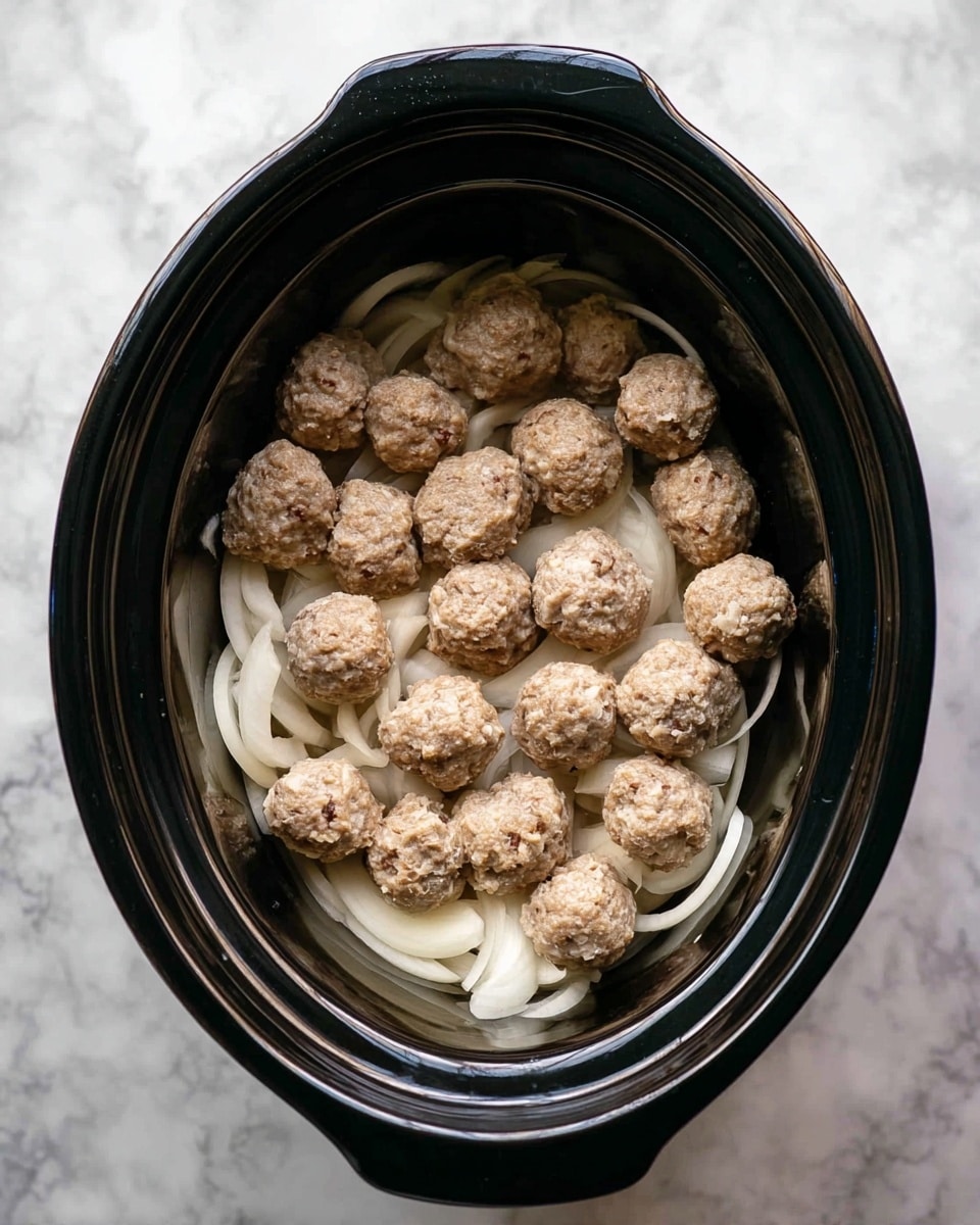 Inside a black slow cooker, there is a layer of white sliced onions at the bottom, topped with two layers of small, round, light brown meatballs that have a slightly rough texture and appear uncooked. The slow cooker sits on a white marbled surface. photo taken with an iphone --ar 4:5 --v 7