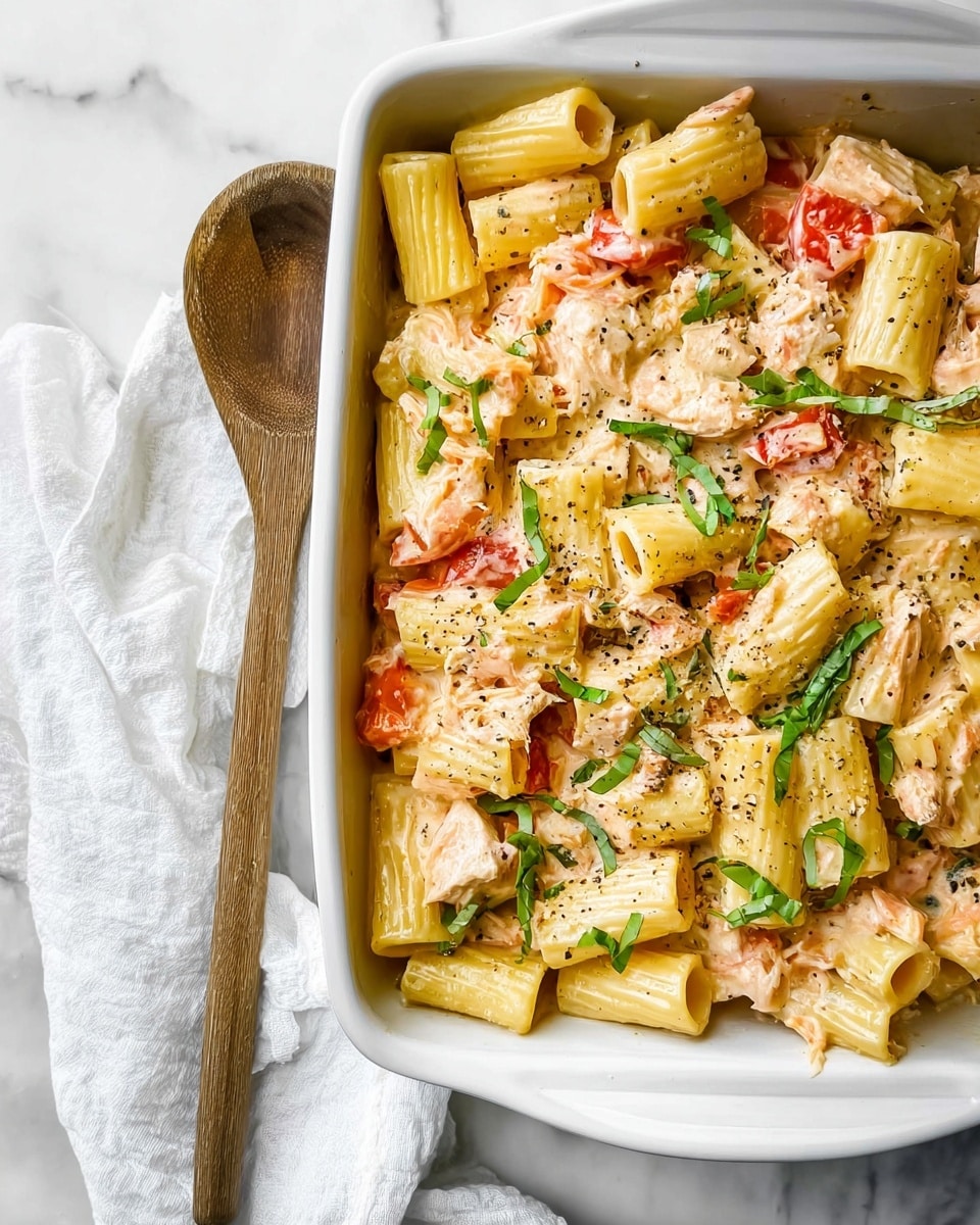 The image shows a white rectangular baking dish filled with rigatoni pasta mixed with creamy sauce, chunks of light brown cooked meat, and pieces of red tomato. The rigatoni is pale yellow and looks soft, covered lightly with sauce that gives a slightly pink tint in some parts. Small green strips of fresh basil are scattered on top, adding color contrast, and there are tiny black specks of seasoning over the dish. Next to the dish is a wooden spoon resting on a white cloth, all placed on a white marbled surface. Photo taken with an iphone --ar 4:5 --v 7