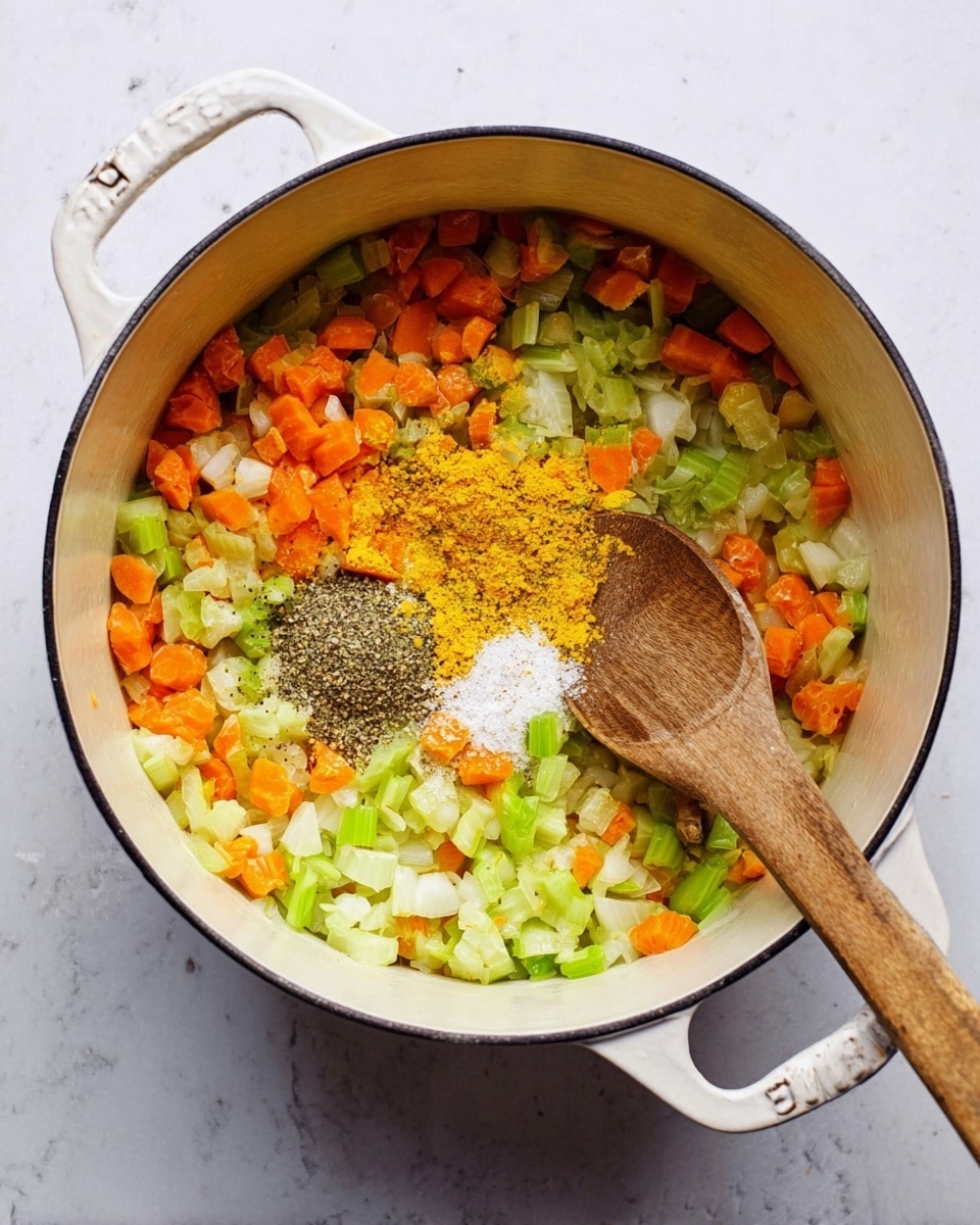 Inside a white enameled pot with two handles, there is a mix of finely chopped vegetables including orange carrots, green celery, and white onions scattered at the bottom. On top of the vegetables, there are small piles of yellow turmeric, light brown minced ginger, white salt, and black pepper near the center. A wooden spoon rests on the white marbled surface beside the pot. The scene looks bright and clean. photo taken with an iphone --ar 4:5 --v 7