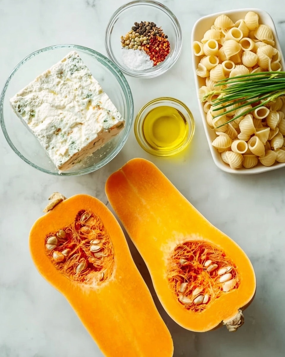 The image shows fresh ingredients placed on a white marbled surface. Two halves of a bright orange butternut squash lie at the bottom, showing smooth skins and seeded centers. Above the squash, on the left side, is a clear glass bowl holding a block of white cheese with a crumbly texture. To the right of the cheese are two small clear glass bowls, one filled with golden olive oil and the other with a mix of red pepper flakes, black pepper, and salt. At the top right, there’s a white plate holding uncooked pasta shells bundled with green chives. The overall look is clean and fresh, with vibrant colors and simple textures. photo taken with an iphone --ar 4:5 --v 7
