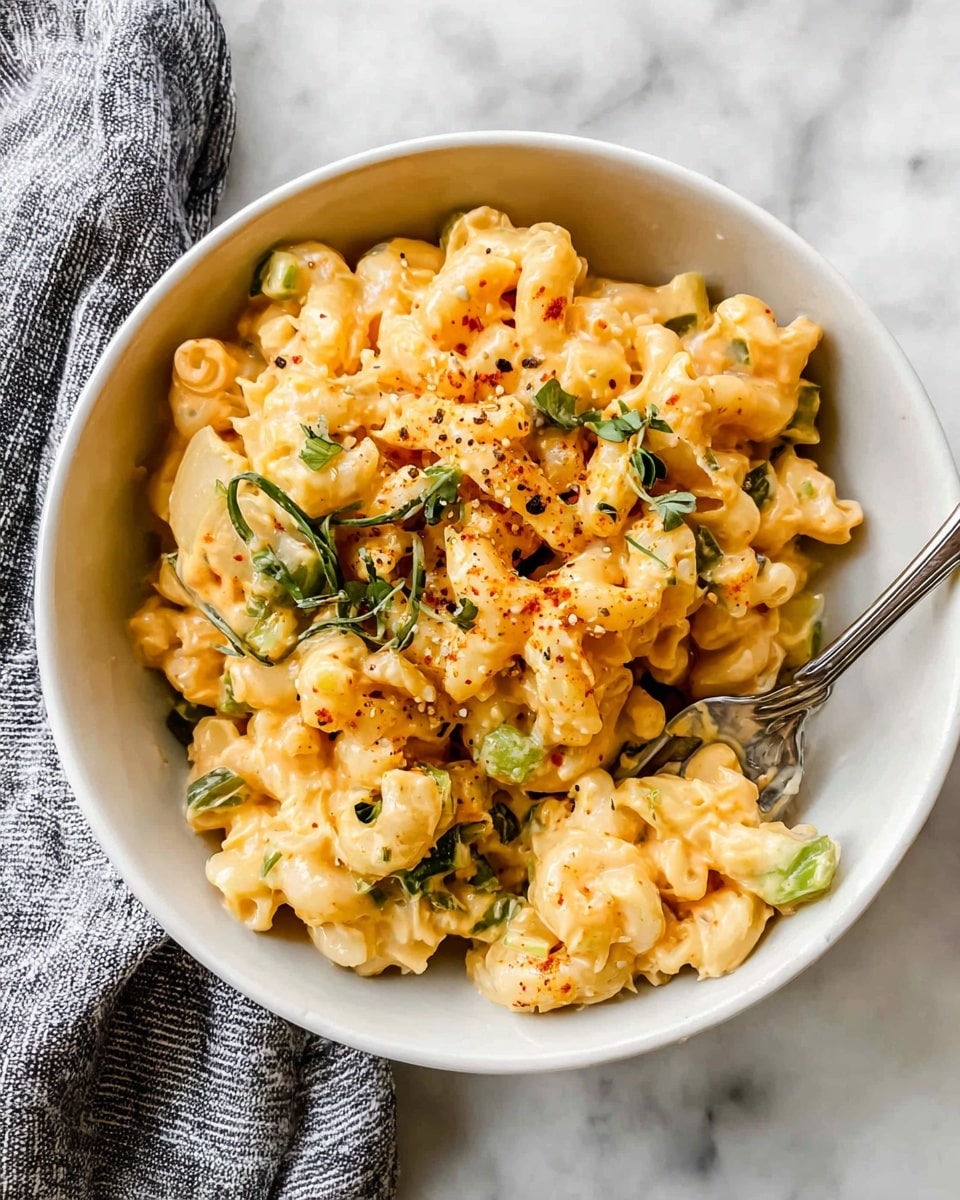 A white bowl filled with creamy macaroni and cheese, showing one layer of curly pasta coated in a smooth, light orange cheese sauce mixed with small pieces of green vegetables. The dish is topped with scattered fresh green herb sprigs and light black pepper flakes that add texture. A silver fork rests inside the bowl on the right side, with some pasta scooped on it. The bowl sits on a white marbled surface with a gray and white striped cloth placed near the bottom left. photo taken with an iphone --ar 4:5 --v 7