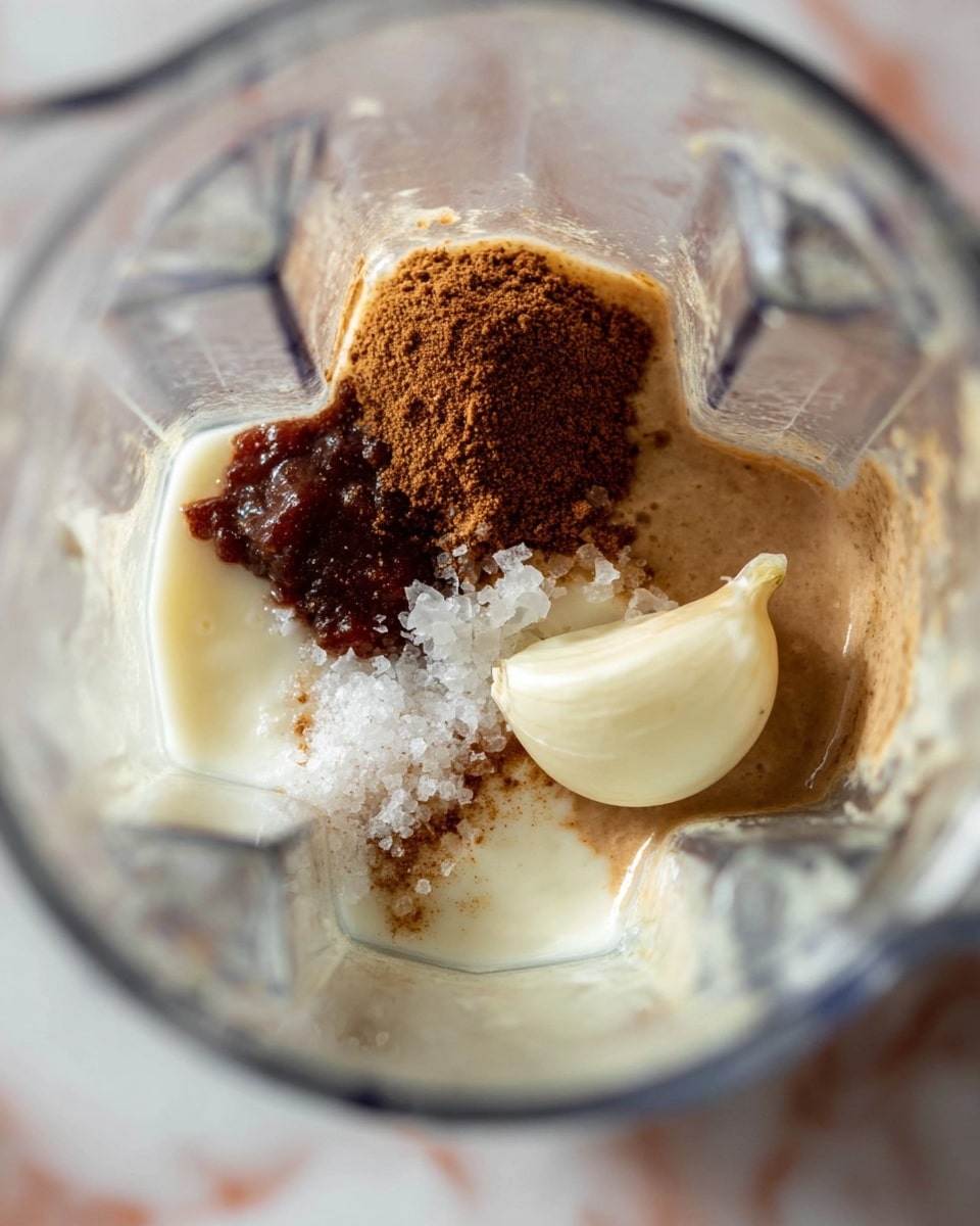 Inside a clear blender container, there are several ingredients layered together, showing a mix of colors and textures. At the bottom, a smooth, creamy white base is visible, likely yogurt or sour cream. On top of this base and spread across different spots are dark brown paste, light brown powder, and coarse white salt crystals. A whole peeled garlic clove sits prominently on the right side on top of the creamy layer. The background is a white marbled texture, and the photo is taken close up from above. photo taken with an iphone --ar 4:5 --v 7