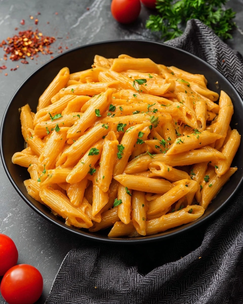 A black bowl filled with light orange creamy penne pasta, each tube evenly coated with sauce, scattered with small green parsley pieces on top for color contrast. The penne pasta looks smooth and slightly glossy, piled high in the bowl. The bowl sits on a textured white marbled surface, with some crushed red chili flakes and two whole cherry tomatoes nearby, adding depth to the scene. A dark gray cloth with a chevron pattern is draped softly around the bowl. Photo taken with an iphone --ar 4:5 --v 7