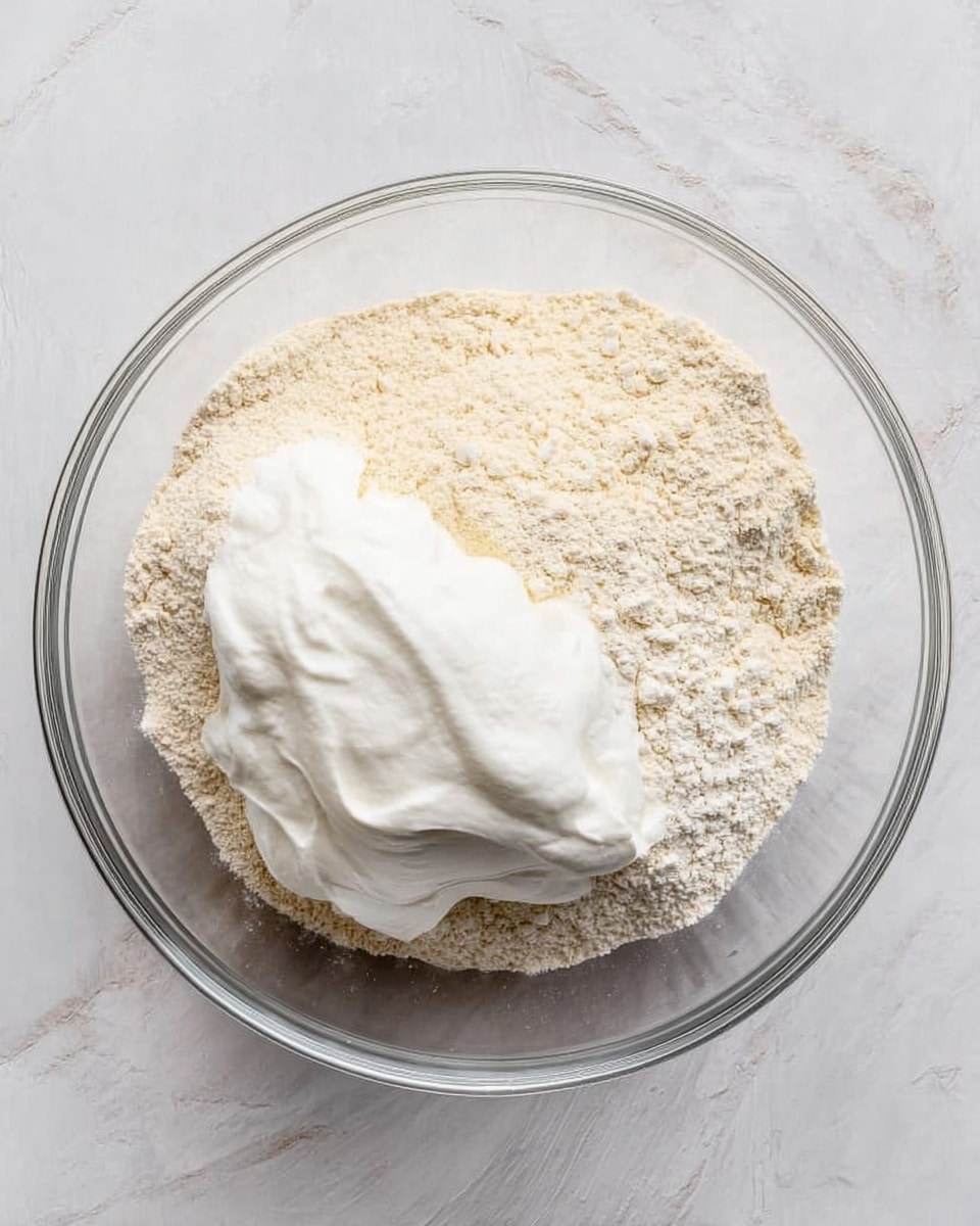 A clear glass bowl holds two main ingredients layered side by side inside it; one half is filled with light beige flour with a slightly coarse texture, and the other half has a dollop of thick, white creamy yogurt with soft peaks. The bowl sits on a white marbled surface that has soft gray veins running through it. The photo is taken from above, showing the clear distinction between the powdery flour and the smooth yogurt in the glass bowl photo taken with an iphone --ar 4:5 --v 7
