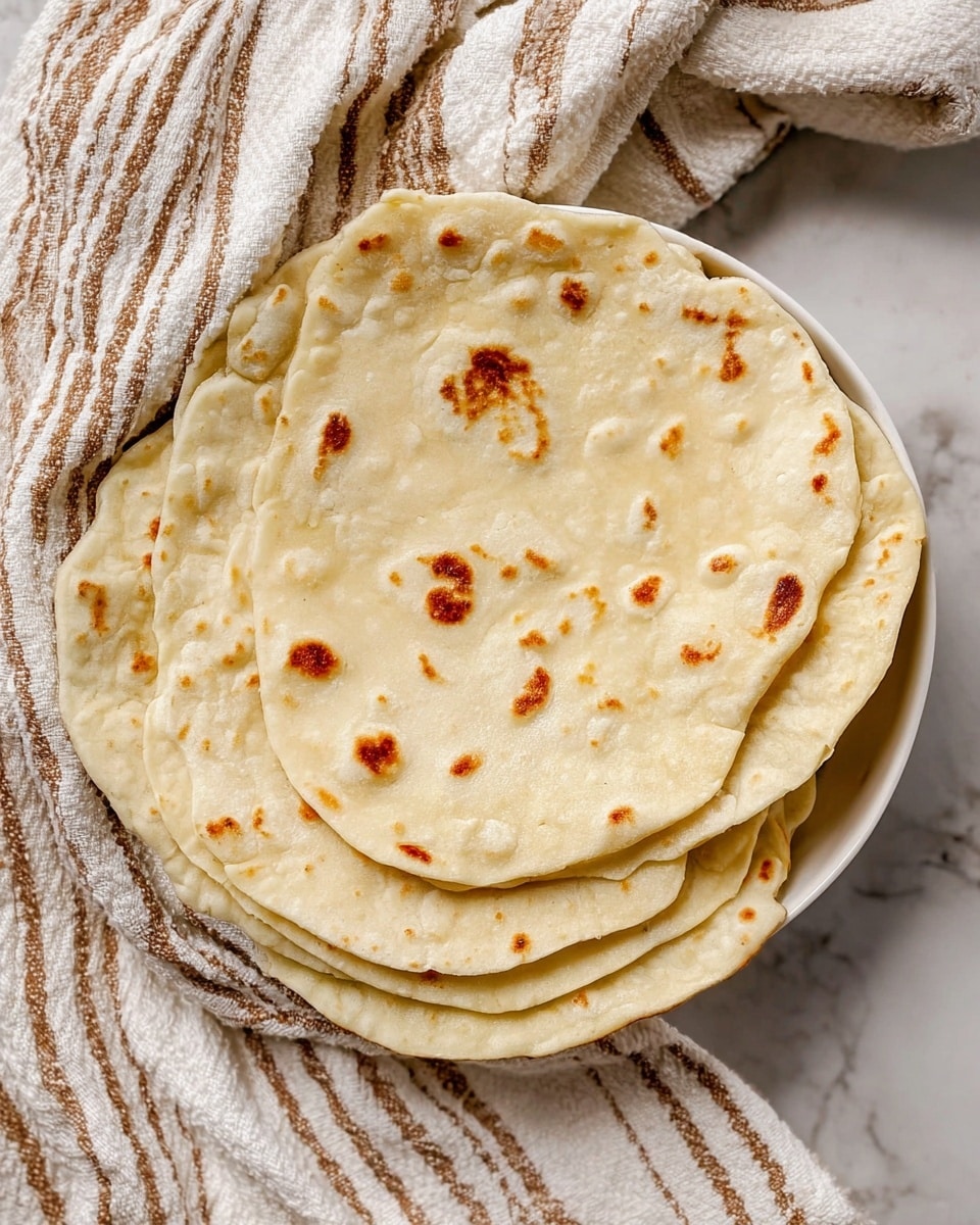 A stack of five soft, round flatbreads with light golden brown spots sits slightly overlapping in a white bowl. The flatbreads have a pale cream color with uneven, rustic edges and a smooth but slightly puffy texture. The bowl rests on a white marbled surface, partially covered by a cream and brown striped cloth that adds a cozy, homemade feel. Photo taken with an iphone --ar 4:5 --v 7