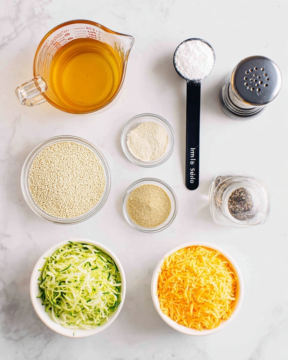 The image shows a top-down view of raw ingredients neatly arranged on a white marbled surface. Starting from the top left, there is a glass measuring cup filled with a light amber liquid, likely broth. To its right, a black measuring spoon holds a white powder, probably flour, labeled 1/2 cup on the handle. Below the liquid, there is a clear glass bowl packed with small, round white grains, likely quinoa. Next to it is a small clear glass bowl with three different ground spices in light beige, tan, and yellow tones. Towards the bottom left, a white bowl contains shredded green zucchini. Beside it on the right, another white bowl is filled with bright orange shredded cheese. On the far right side of the image, there is a glass salt shaker filled with white salt above a glass pepper grinder full of round black peppercorns. All items are evenly spaced, clean, and well-presented. Photo taken with an iphone --ar 4:5 --v 7