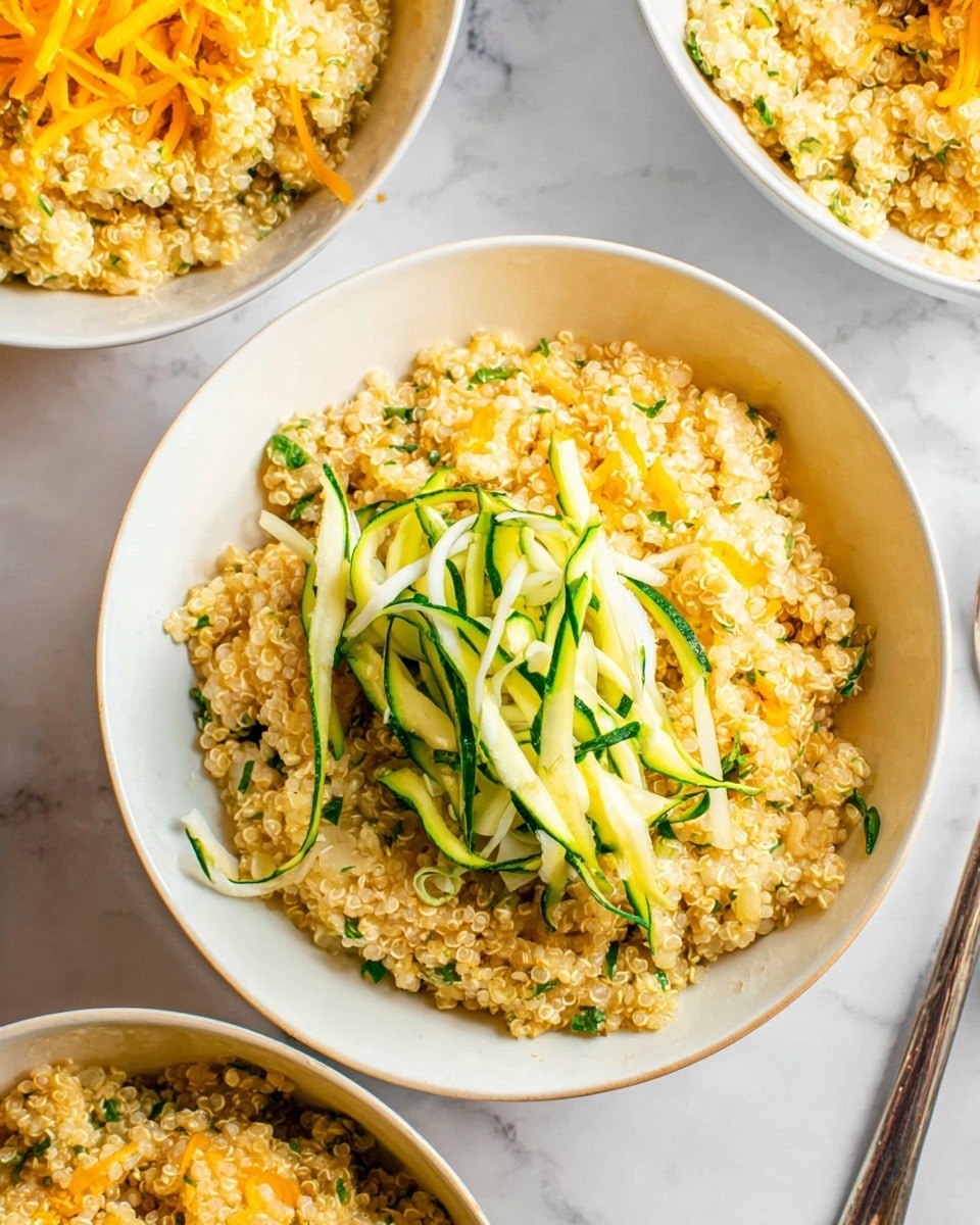 The dish shows a white bowl filled with creamy, light beige quinoa mixed with small green herb bits, giving it a soft, textured look. On top, there is a thin layer of orange-yellow shredded cheese spread lightly, followed by a small pile of vibrant green and white thin zucchini strips placed in the center. The bowl sits on a white marbled surface, with parts of two similar bowls visible around it, all filled with the same dish. Bright, natural lighting enhances the fresh and creamy texture of the dish. photo taken with an iphone --ar 4:5 --v 7