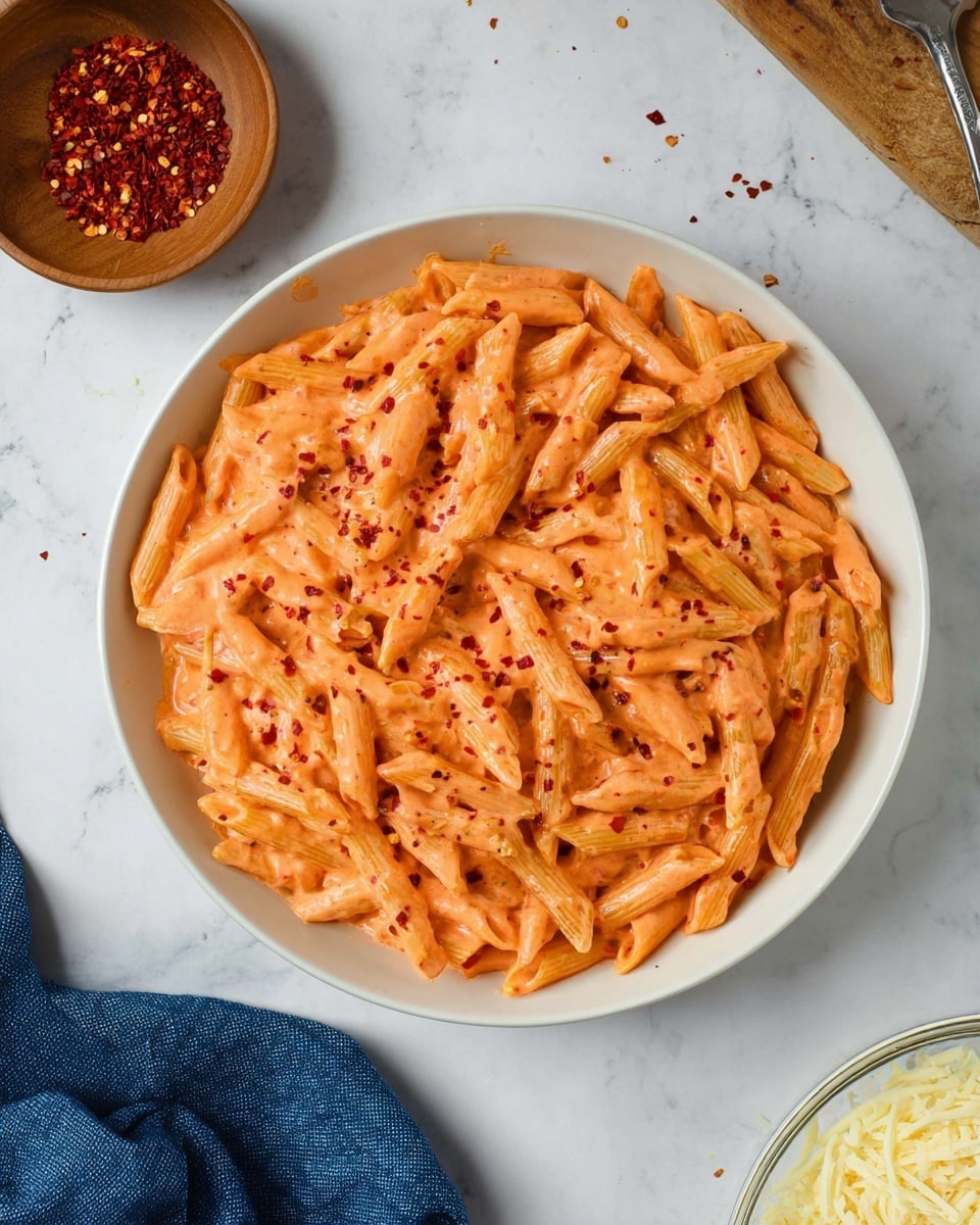 The image shows a white bowl filled with penne pasta coated in a smooth, creamy pink-orange sauce. The pasta is evenly covered and placed close together, with the sauce appearing thick and rich. On top of the pasta, there are small red chili flakes sprinkled, adding color contrast and texture. Around the bowl, there are ingredients like a small wooden bowl with red chili flakes on the white marbled surface, a blue cloth on the right side, and a glass bowl with shredded cheese near the bottom right corner. The overall scene is set on a white marbled background. photo taken with an iphone --ar 4:5 --v 7