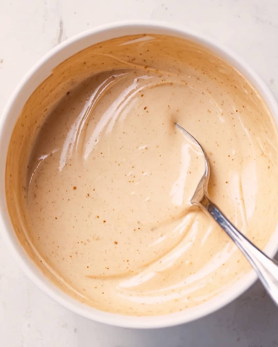 The image shows a close-up of a white bowl filled with creamy, light beige sauce or dip, with visible tiny specks of seasoning spread evenly throughout. A spoon with a small amount of sauce rests inside the bowl, showing the smooth and thick texture of the sauce. The bowl sits on a white marbled surface, and the lighting highlights the creamy surface of the sauce with some small air bubbles and soft swirls made by the spoon. Photo taken with an iphone --ar 4:5 --v 7