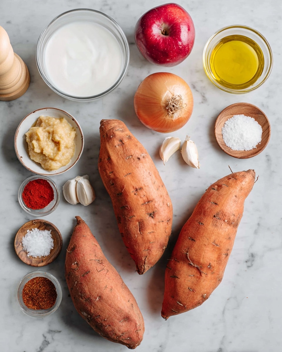 Three large sweet potatoes with rough orange skin lie on a white marbled surface, accompanied by a whole brown onion, a red apple, and three garlic cloves. Surrounding these are small bowls containing bright red paprika powder, dark brown ground spice, creamy yellow ginger paste, white salt crystals on a wooden dish, and a small amount of clear liquid in a white bowl. There is also a clear glass bowl holding thick white coconut milk and a small glass container of yellow oil. A light wooden pepper grinder is placed near the top left corner. The photo taken with an iphone --ar 4:5 --v 7