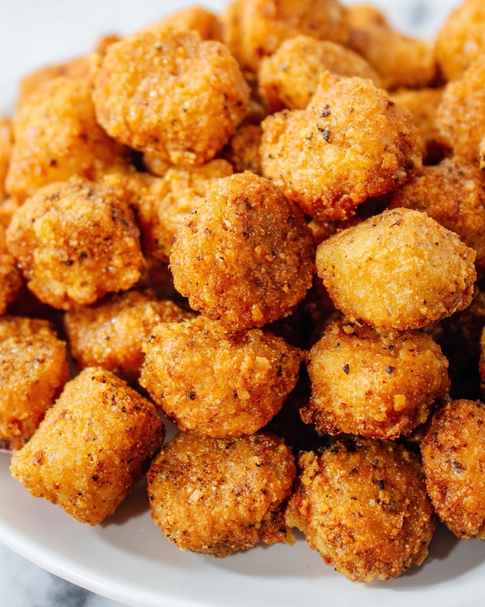 This image shows many small, round fried nuggets piled together closely. Each nugget has a golden brown outer layer with a rough, crispy texture covered with tiny black specks. The nuggets have a slightly oily shine, making them look freshly cooked. They are placed on a white plate that rests on a white marbled surface. The focus is on the nuggets, capturing their crunchy and textured appearance photo taken with an iphone --ar 4:5 --v 7