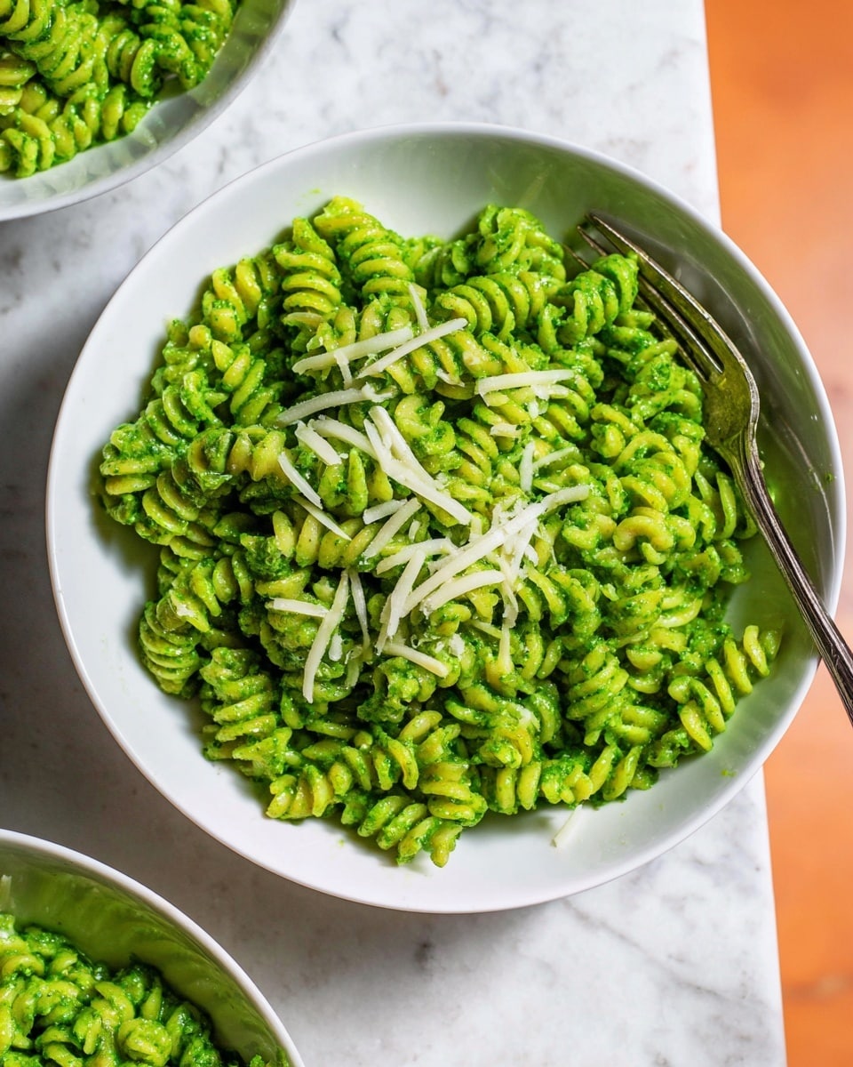 A white bowl filled with green pesto-coated fusilli pasta, with the pasta spirals fully covered in a smooth, bright green sauce. Thin white cheese shreds are sprinkled lightly on top, adding contrast in color and texture. A silver fork rests inside the bowl on the right side. The bowl is placed on a white marbled surface, and part of another similar bowl is visible at the bottom left corner. The overall image is bright and fresh looking photo taken with an iphone --ar 4:5 --v 7