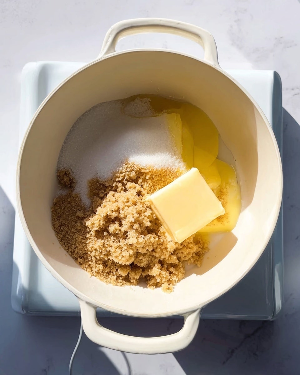 Inside a white pot with two handles sits a mix of ingredients before being stirred. The base layer shows a partially melted stick of light yellow butter on the right side. Overlapping the butter are piles of light brown sugar and white granulated sugar, mostly covering the bottom center and left of the pot. The rough texture of the brown sugar contrasts with the smooth, granular texture of the white sugar. The pot rests on a kitchen stove with a metallic silver surface below, all set on a white marbled textured background. The bright natural light casts soft shadows inside the pot and highlights the sugar crystals and buttery shine. photo taken with an iphone --ar 4:5 --v 7