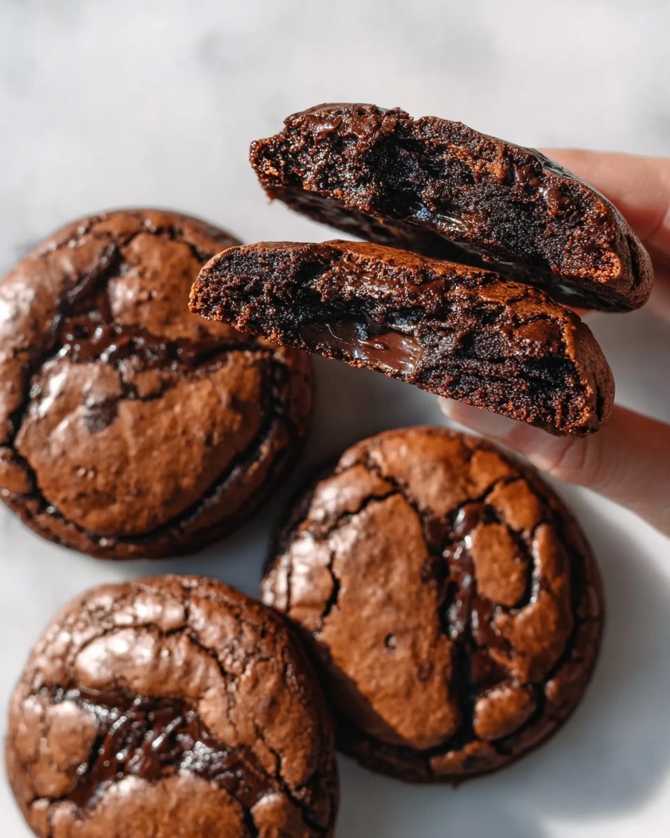 The image shows five round chocolate cookies placed directly on a white marbled surface. Four whole cookies lie flat, showing a smooth yet slightly cracked top texture that is dark brown with lighter brown patches. One cookie is held above the others by a woman's hand and is broken in half to reveal a thick, moist, and almost fudgy interior with melted chocolate swirls. The cookies have a dense, chewy look with a rich chocolate color throughout. The overall scene is bright with natural light casting soft shadows on the marbled surface, highlighting the cookies' texture and depth. photo taken with an iphone --ar 4:5 --v 7