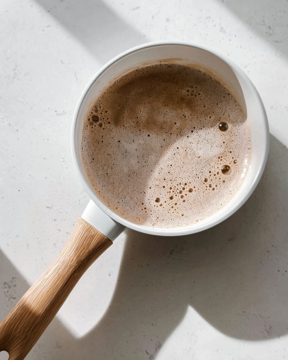 A close-up image shows a small white pan with a light wooden handle sitting on a white marbled surface. Inside the pan, there is a light brown liquid with small bubbles and foam on the surface, creating a frothy texture. The lighting is bright, casting soft shadows around the pan. Photo taken with an iphone --ar 4:5 --v 7