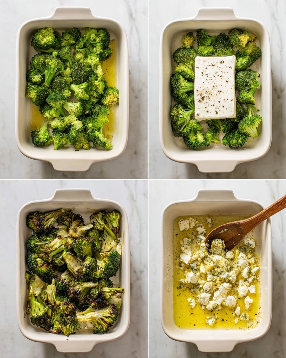 A white rectangular baking dish is shown on a white marbled surface in four stages. In the first layer, fresh green broccoli florets are spread evenly across the dish with a light drizzle of oil visible underneath. The second layer adds a block of white cheese in the center, seasoned with black pepper, surrounded by the broccoli. The third layer shows the broccoli and cheese roasted, with the broccoli turning darker green with some brown spots and the cheese softening while still holding its shape. The final layer displays the mixture stirred, breaking the cheese into crumbly pieces blending with the charred broccoli in a pool of golden oil, with a wooden spoon resting inside the dish. Photo taken with an iphone --ar 4:5 --v 7